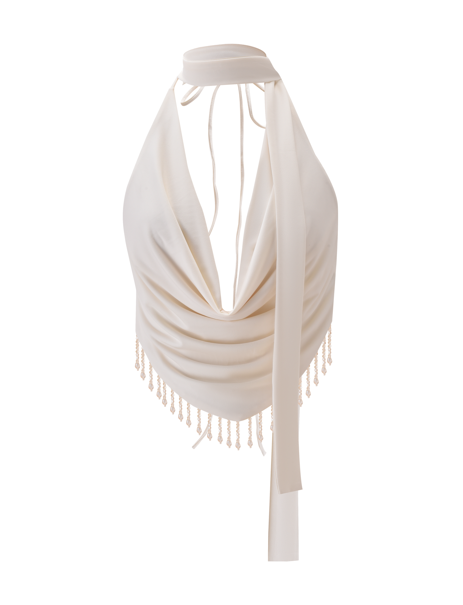 The AUBRIELLA TASSLE TOP by TIGERMIST features a cream cowl halter neck, long ties, open back, and beaded fringe on a handkerchief hem, shown against a plain white background.