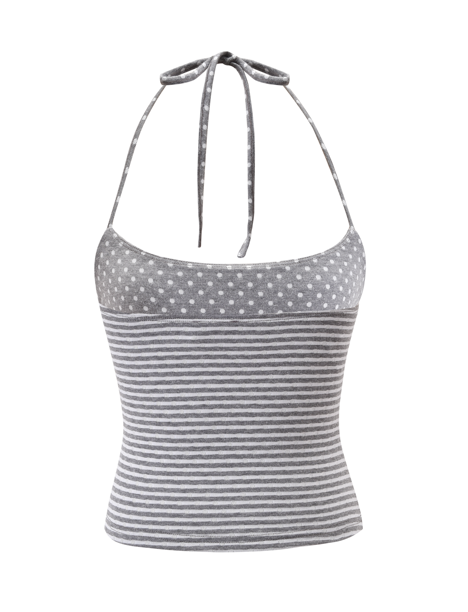 The DASHIELL TOP - HEATHER GREY by TIGERMIST is a gray rib knit halter top with white polka dots on the upper part, white horizontal stripes below, and adjustable neck ties, shown against a plain white background.