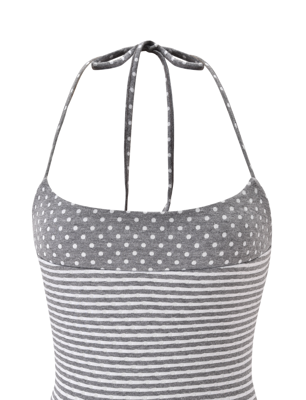 The DASHIELL TOP by TIGERMIST in heather grey features a rib knit halter neck with playful polka dots above horizontal white stripes, shown from the back against a plain white background.