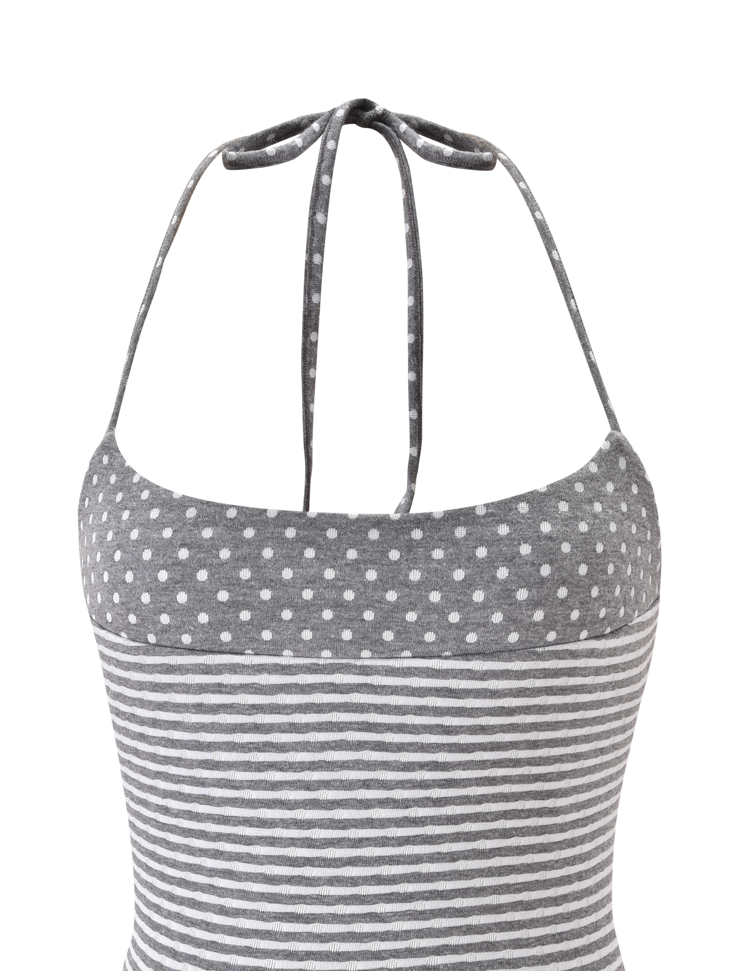 The DASHIELL TOP by TIGERMIST in heather grey features a rib knit halter neck with playful polka dots above horizontal white stripes, shown from the back against a plain white background.