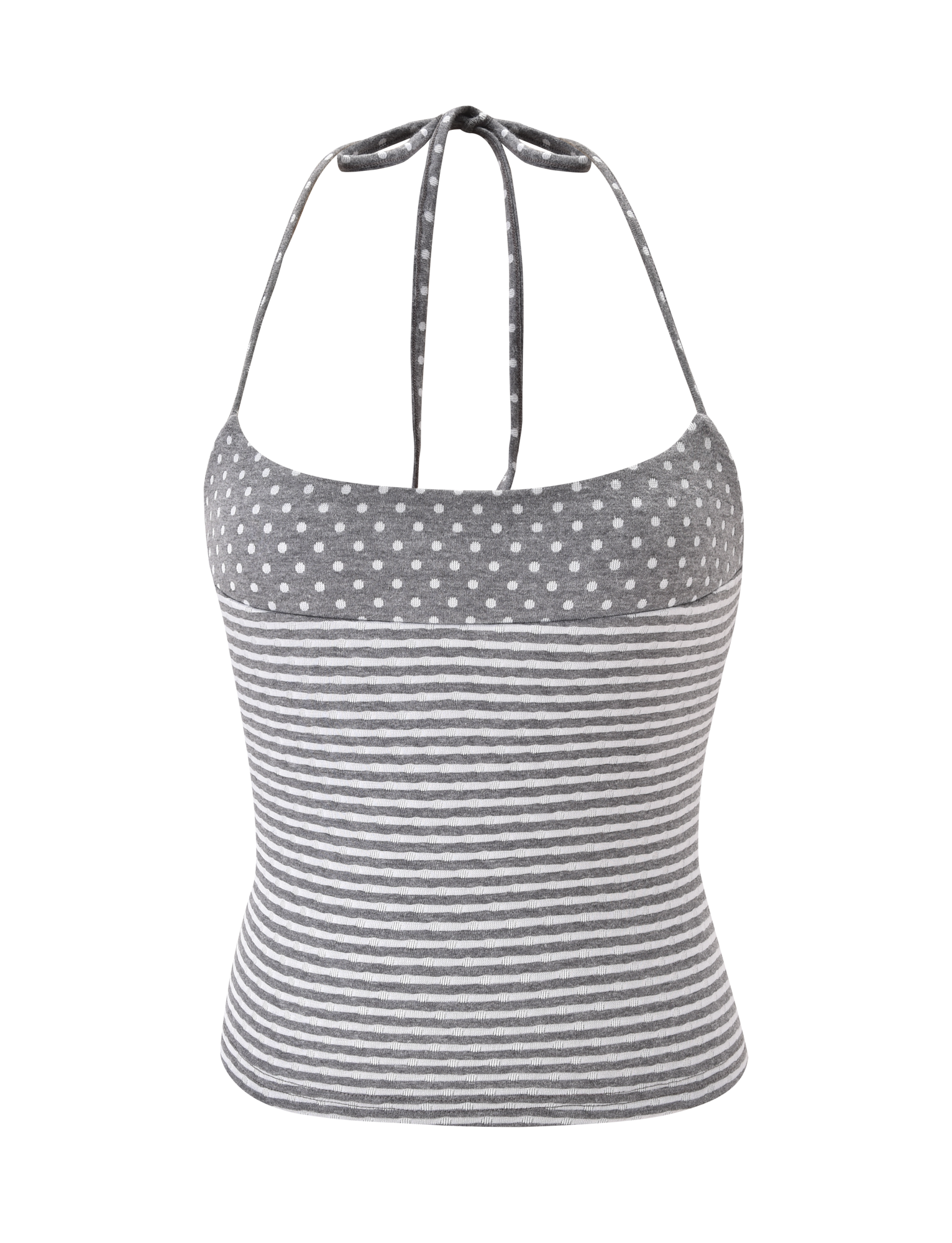 The DASHIELL TOP in Heather Grey by TIGERMIST is a gray rib knit halter with adjustable neck ties, featuring playful polka dots on the top and classic horizontal white and gray stripes below.