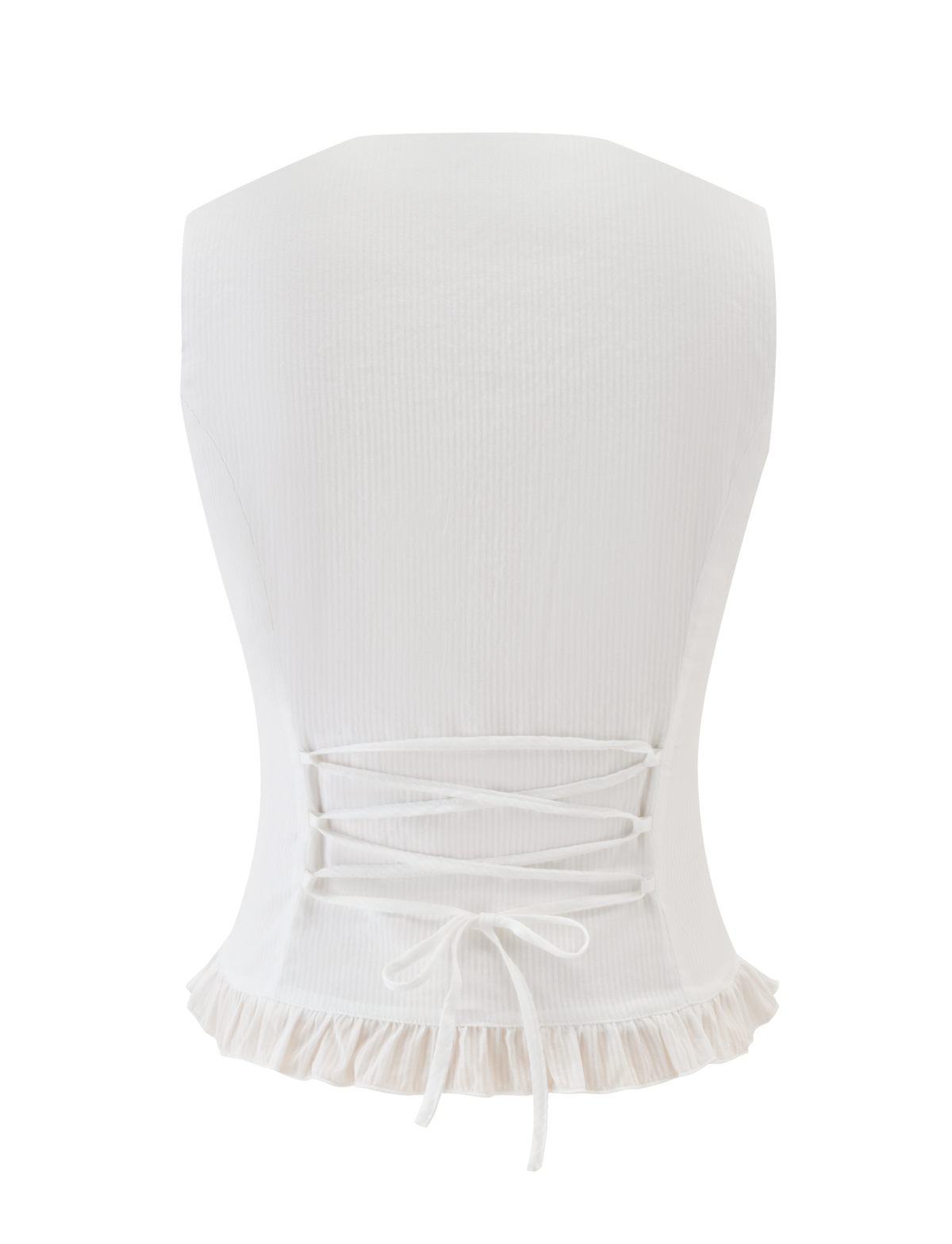 Back view of the ANIYA KEYHOLE TOP in white by TIGERMIST, featuring a lace-up corset back, drawstring waist tie, and ruffled hem.