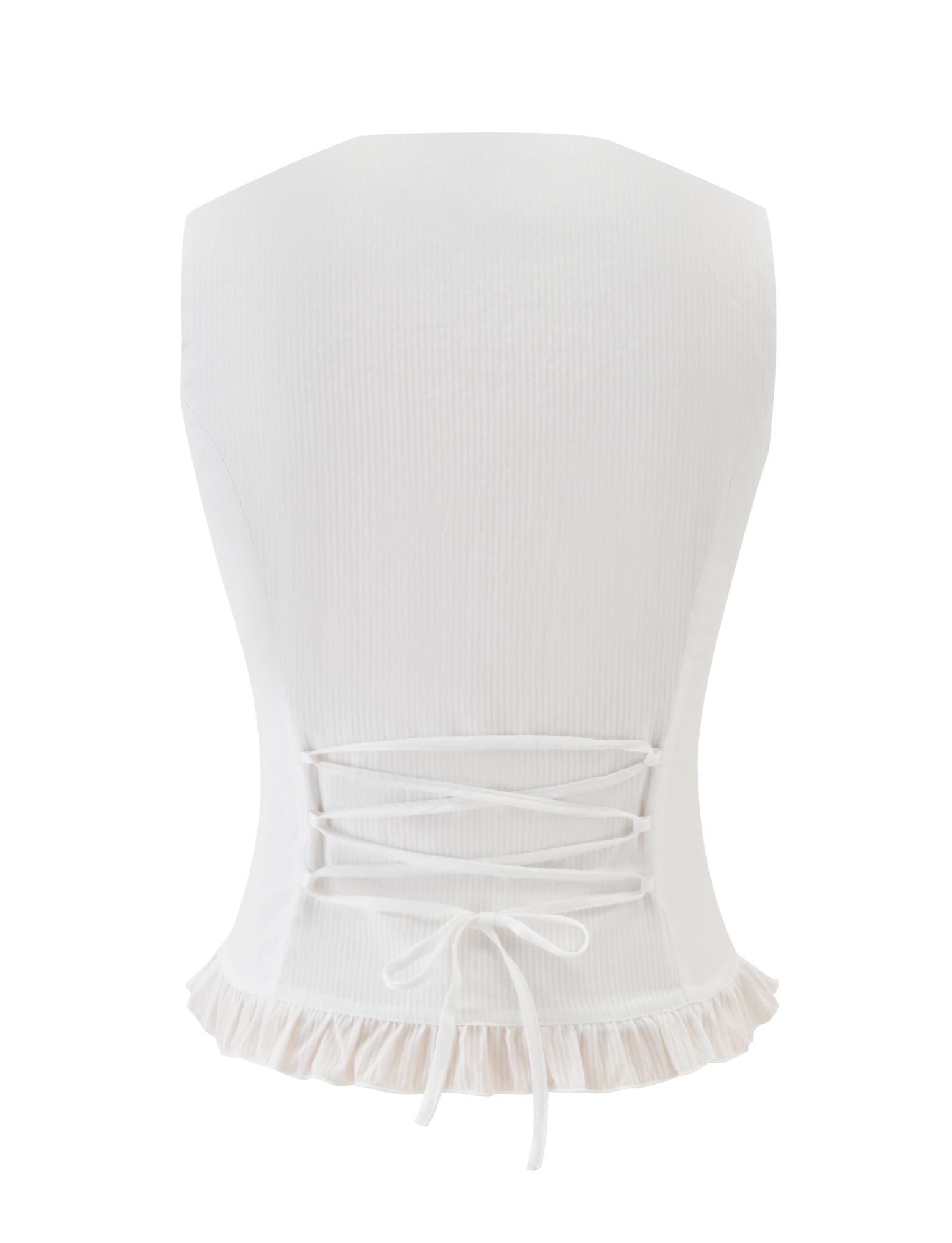Back view of the ANIYA KEYHOLE TOP in white by TIGERMIST, featuring a lace-up corset back, drawstring waist tie, and ruffled hem.