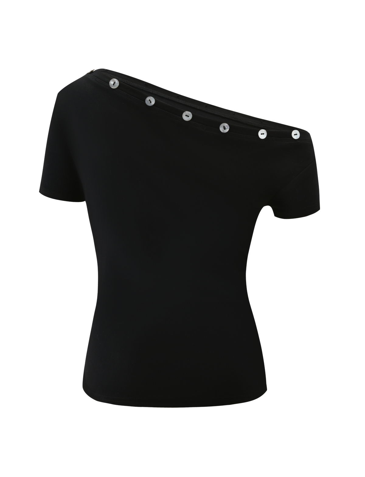 The MARITA TOP - BLACK by TIGERMIST is a black off-the-shoulder tee featuring short sleeves, a diagonal neckline, and chic shell buttons along the edge.