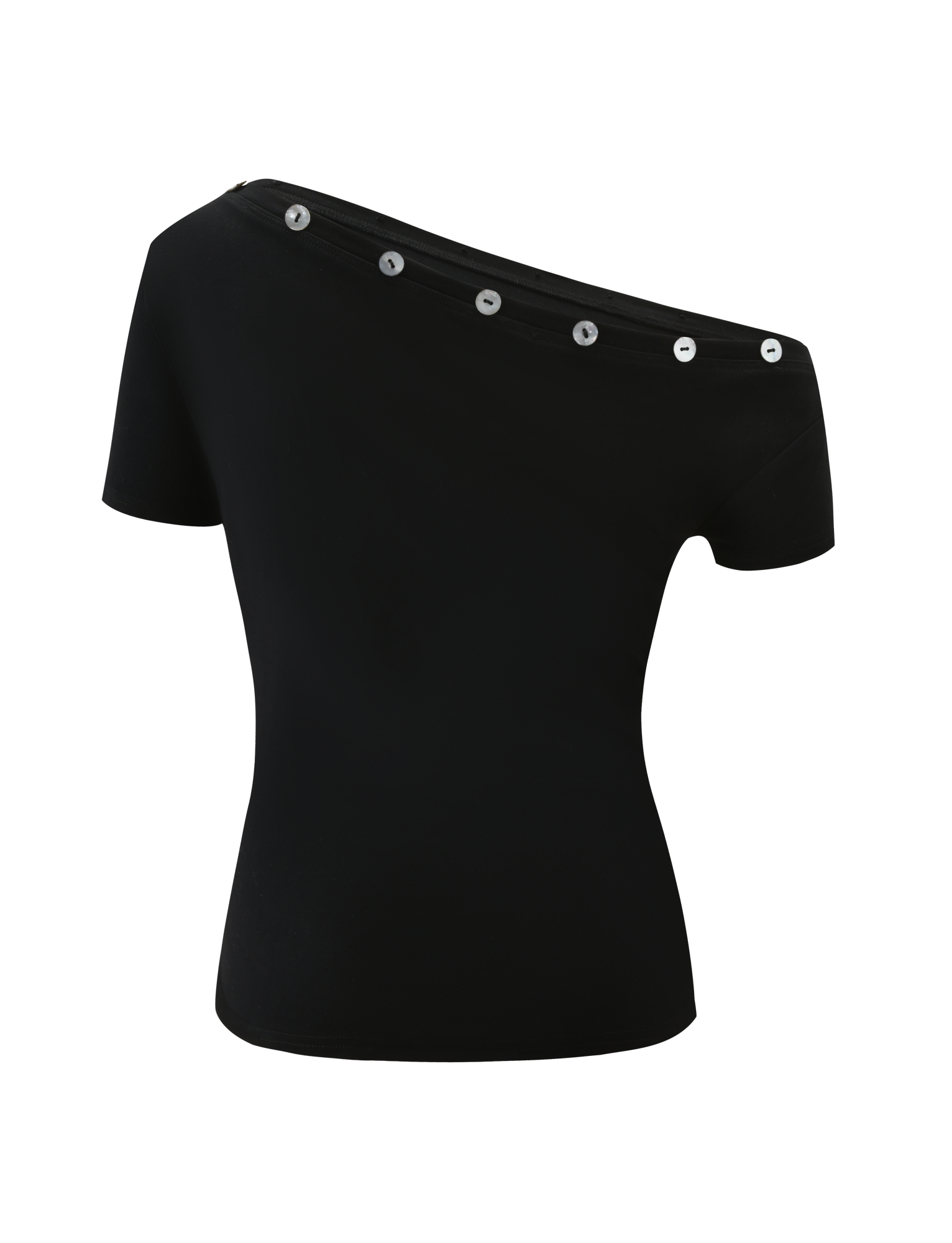 The MARITA TOP - BLACK by TIGERMIST is a black off-the-shoulder tee featuring short sleeves, a diagonal neckline, and chic shell buttons along the edge.