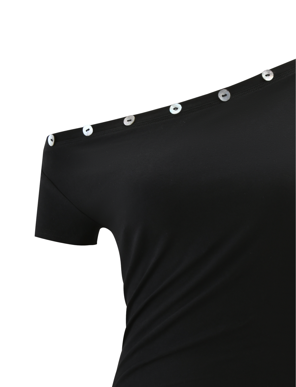 Close-up of the MARITA TOP - BLACK by TIGERMIST, a fitted off-shoulder tee with shiny silver embellishments along the neckline and short sleeves for a chic, modern style.