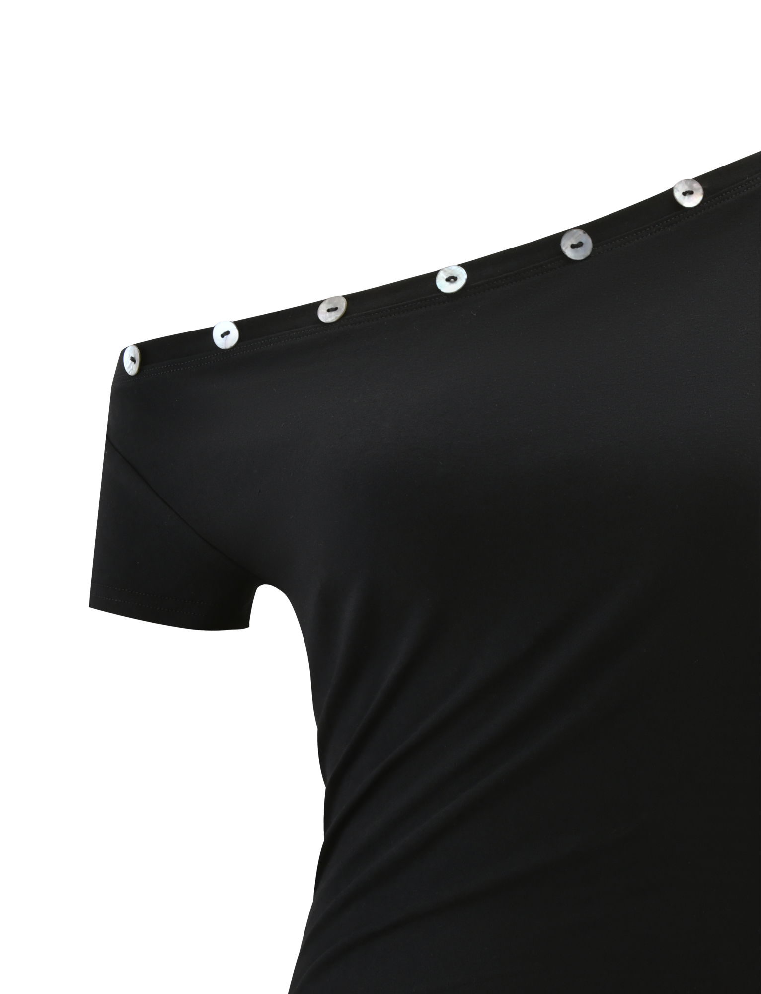 Close-up of the MARITA TOP - BLACK by TIGERMIST, a fitted off-shoulder tee with shiny silver embellishments along the neckline and short sleeves for a chic, modern style.