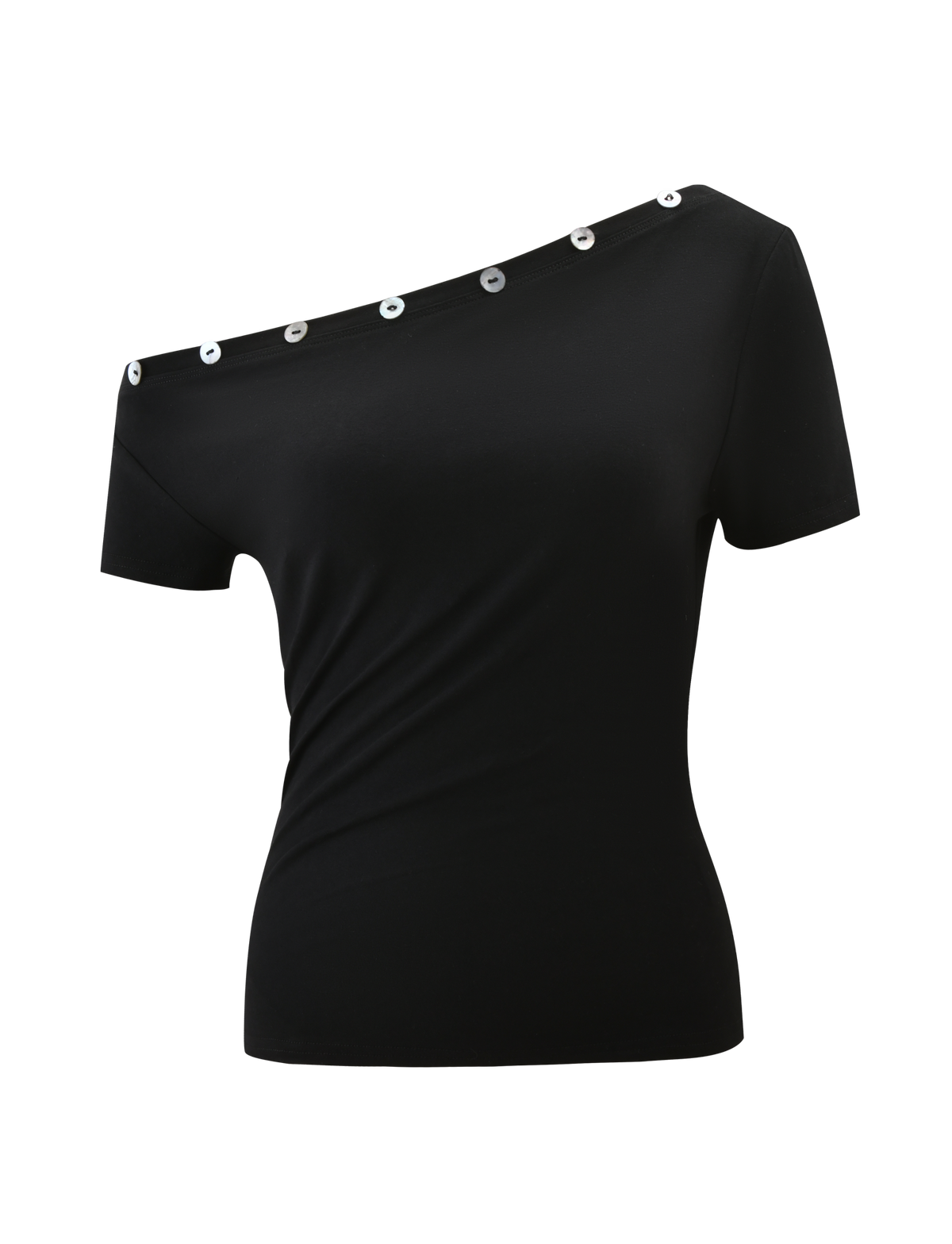 The MARITA TOP - BLACK by TIGERMIST is an off-the-shoulder tee with short sleeves, an asymmetrical neckline, silver grommet details along the top edge, and a chic exposed left shoulder for a stylish look.