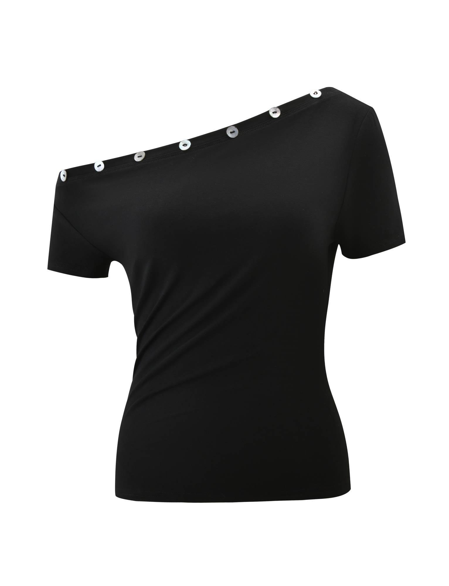 The MARITA TOP - BLACK by TIGERMIST is an off-the-shoulder tee with short sleeves, an asymmetrical neckline, silver grommet details along the top edge, and a chic exposed left shoulder for a stylish look.