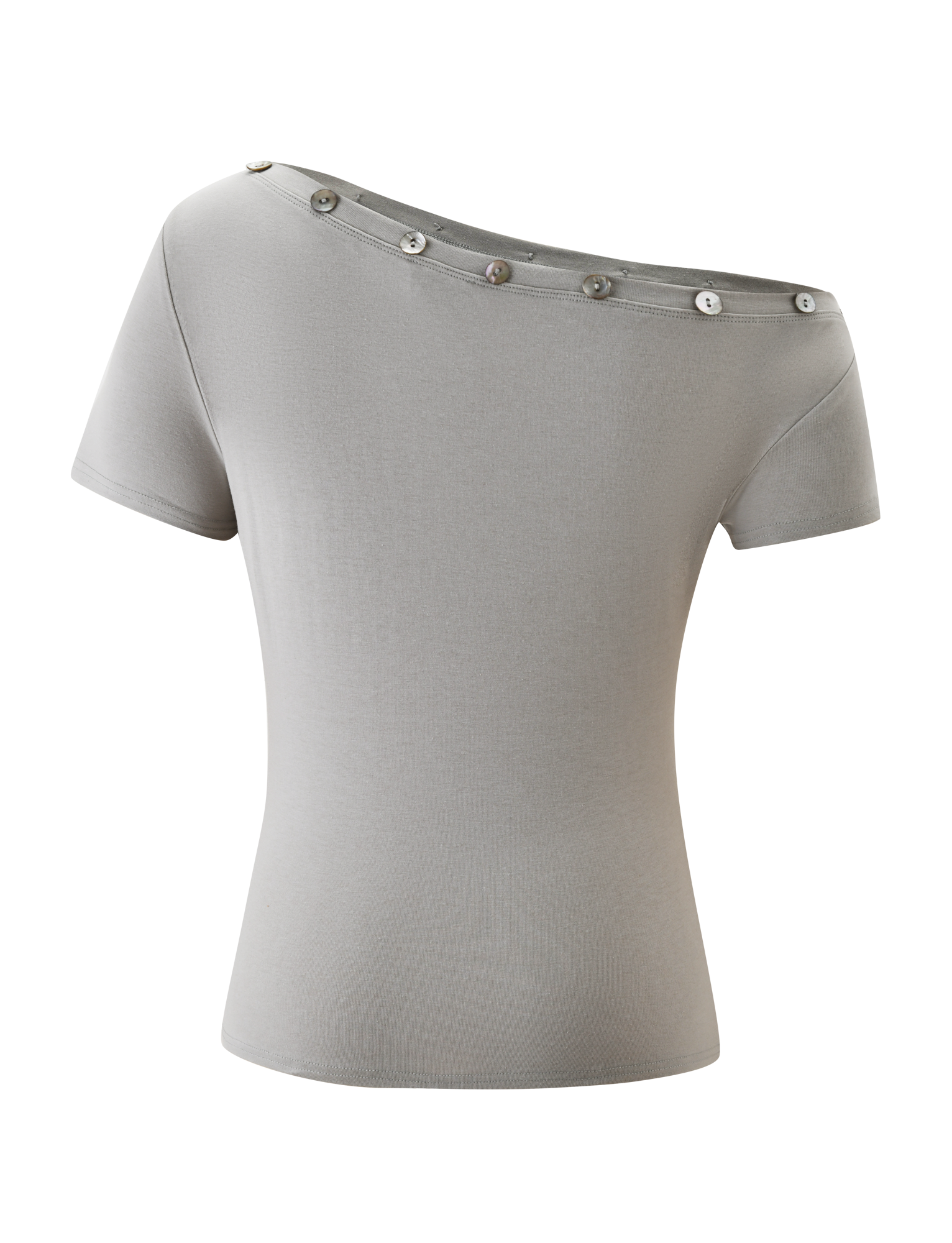 The MARITA TOP - BONE by TIGERMIST is a light gray, fitted, short-sleeve, off-the-shoulder tee with decorative buttons along the asymmetrical neckline.