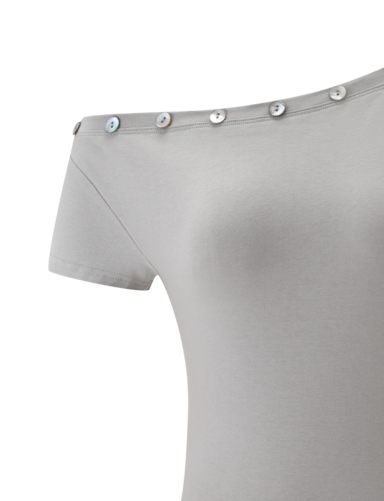 A close-up of the MARITA TOP - DOVE GREY by TIGERMIST, a light gray short-sleeve top with an off-the-shoulder neckline, accented by round silver buttons along the edge.