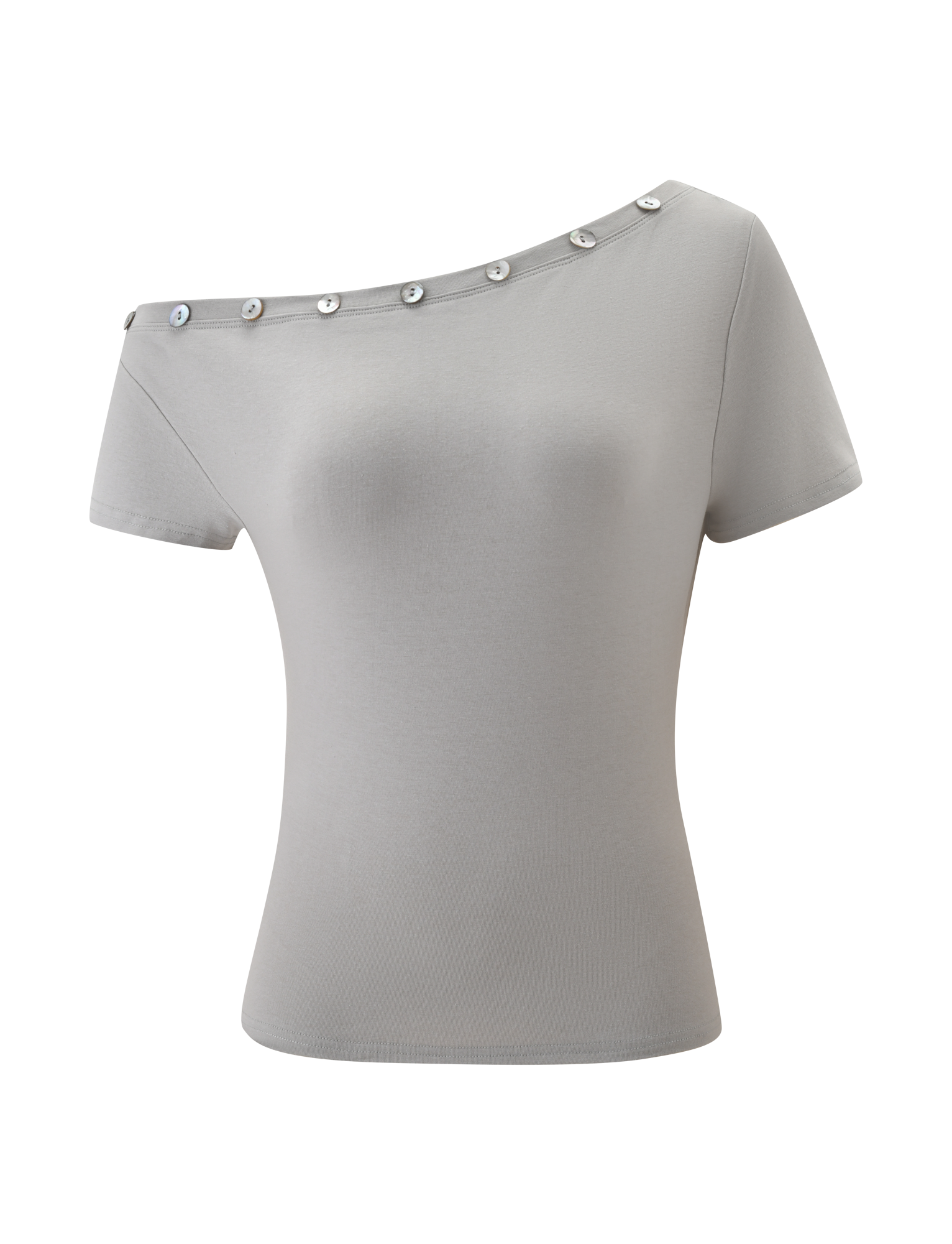 The MARITA TOP by TIGERMIST is a dove grey, fitted women's off-shoulder tee with short sleeves, an asymmetrical neckline, and decorative silver buttons for a modern minimalist touch—perfect for any occasion.
