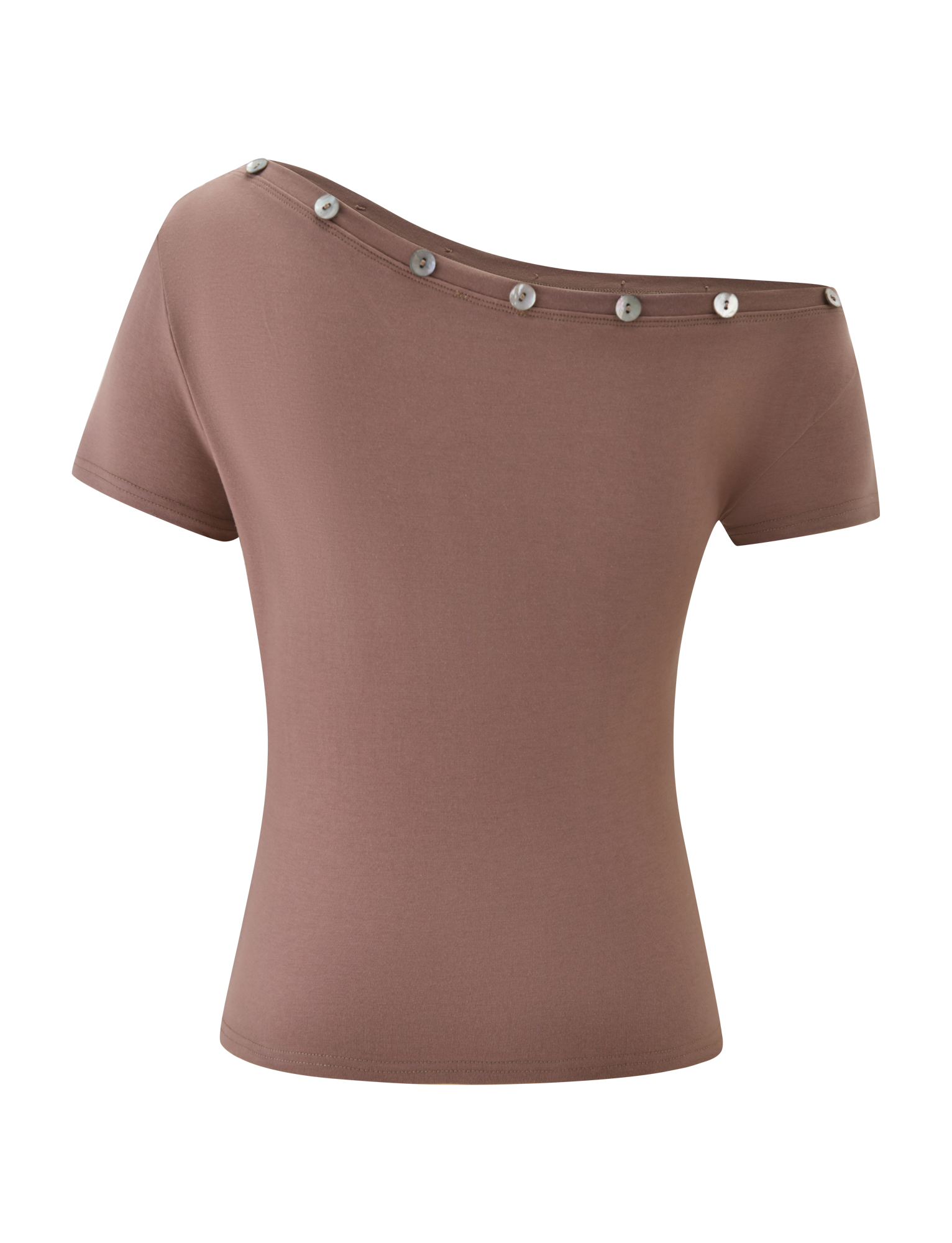The MARITA TOP - MOCHA by TIGERMIST features a mocha, short-sleeve, off-the-shoulder design with an asymmetrical neckline and bold silver button details; displayed on a plain white background.