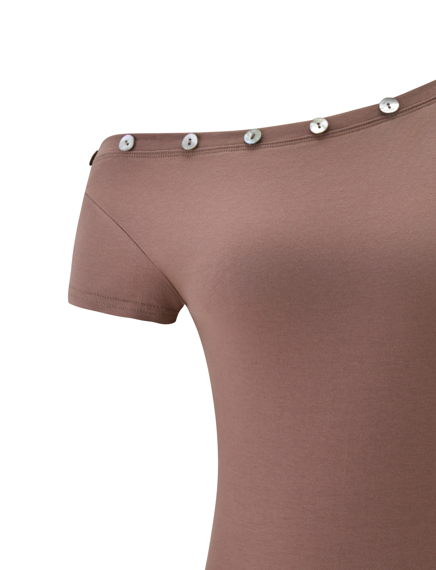 A close-up of the TIGERMIST MARITA TOP in mocha, an off-the-shoulder style with short sleeves and chic button detail along its asymmetrical neckline.