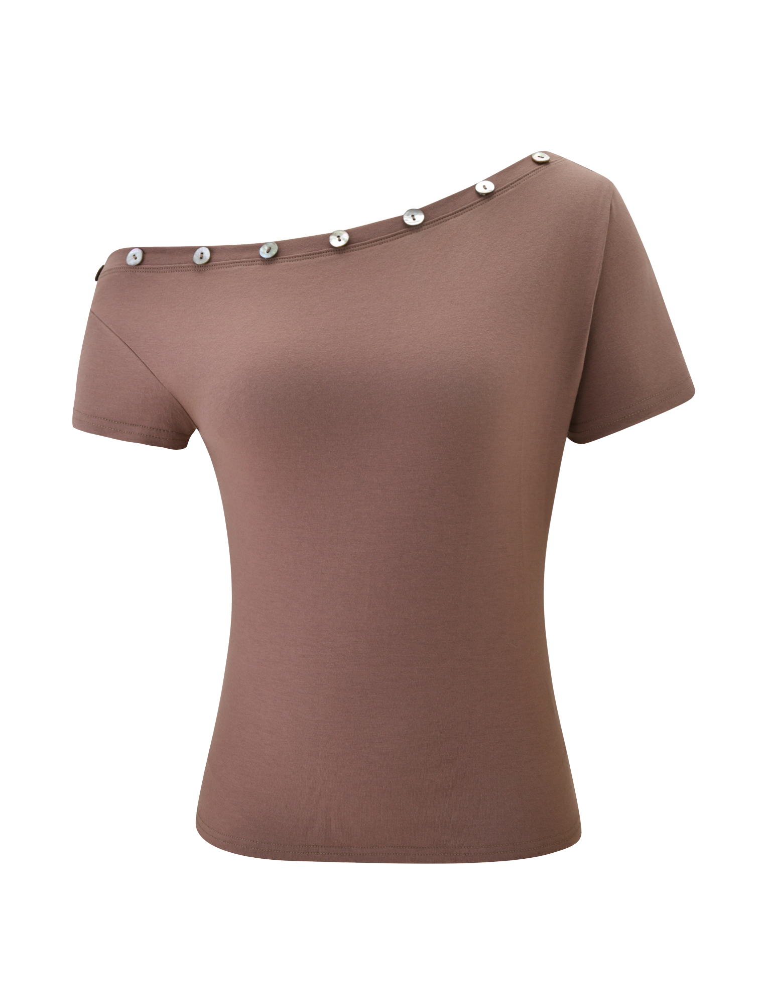 The TIGERMIST MARITA TOP in mocha is an off-shoulder, short sleeve top with an asymmetrical neckline and metallic button accents, shown against a plain white background.