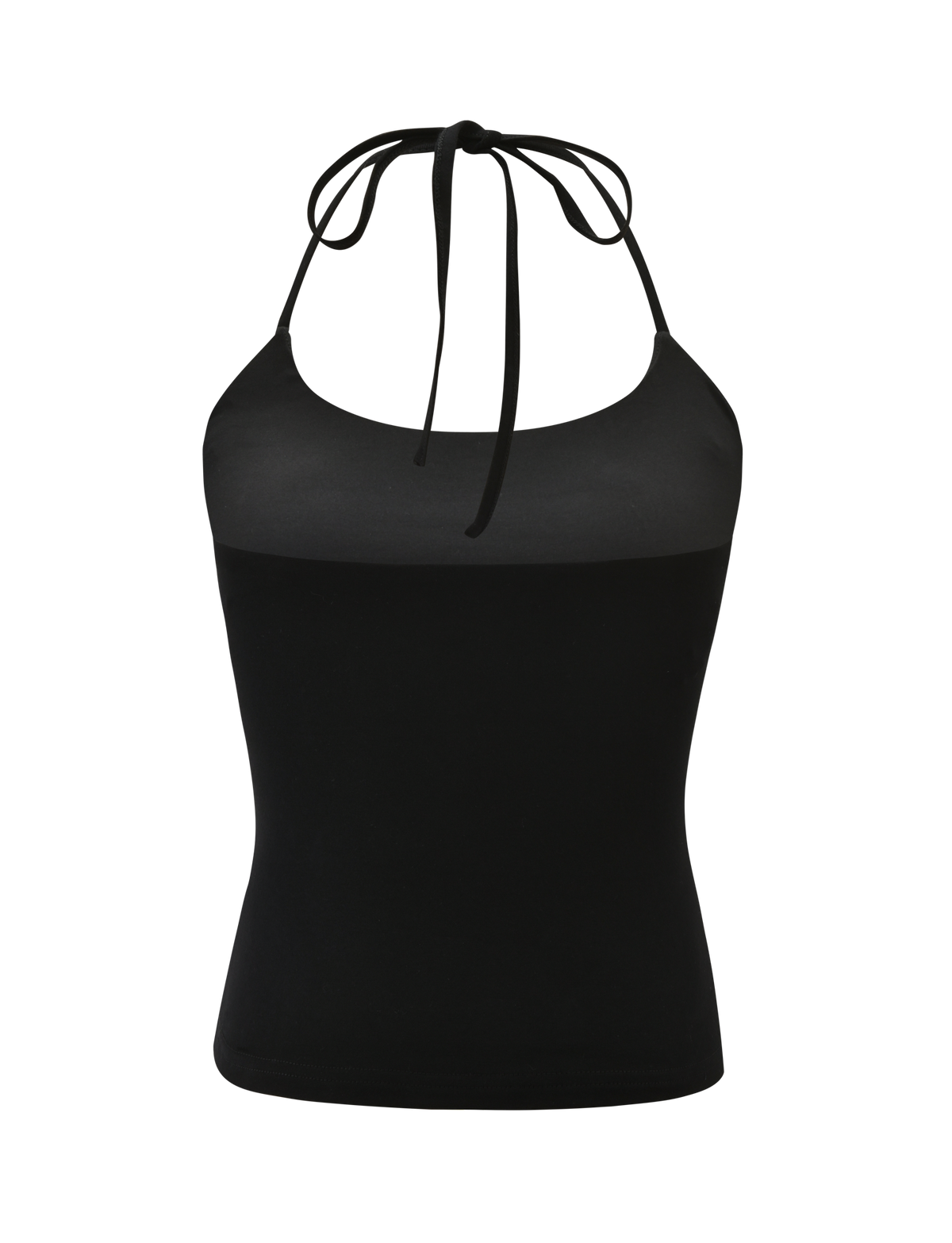 The TIGERMIST PIPPA TOP - BLACK is a fitted, sleeveless halter top with a chic scoop neckline and a tie at the back, shown against a plain white background.