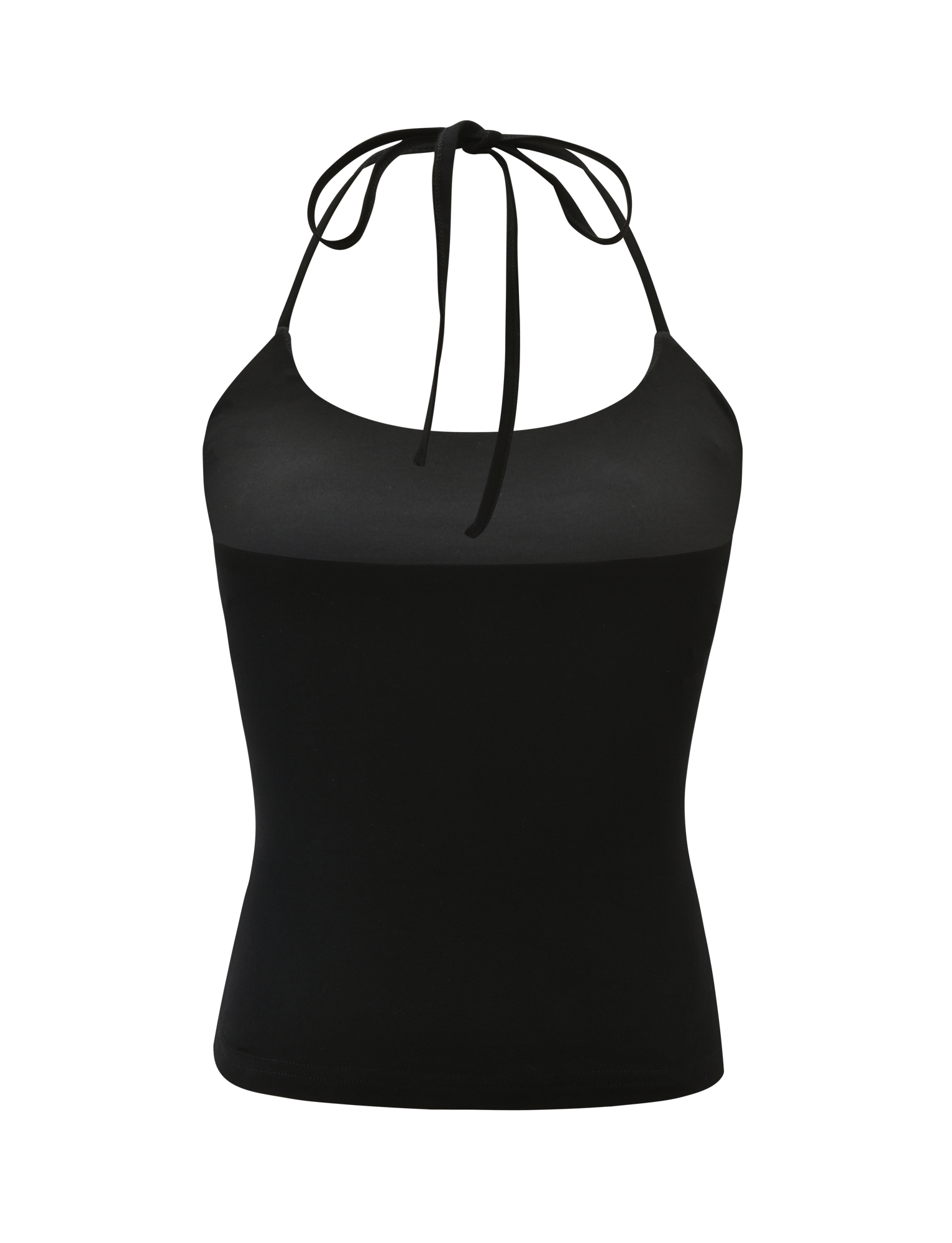 The TIGERMIST PIPPA TOP - BLACK is a fitted, sleeveless halter top with a chic scoop neckline and a tie at the back, shown against a plain white background.