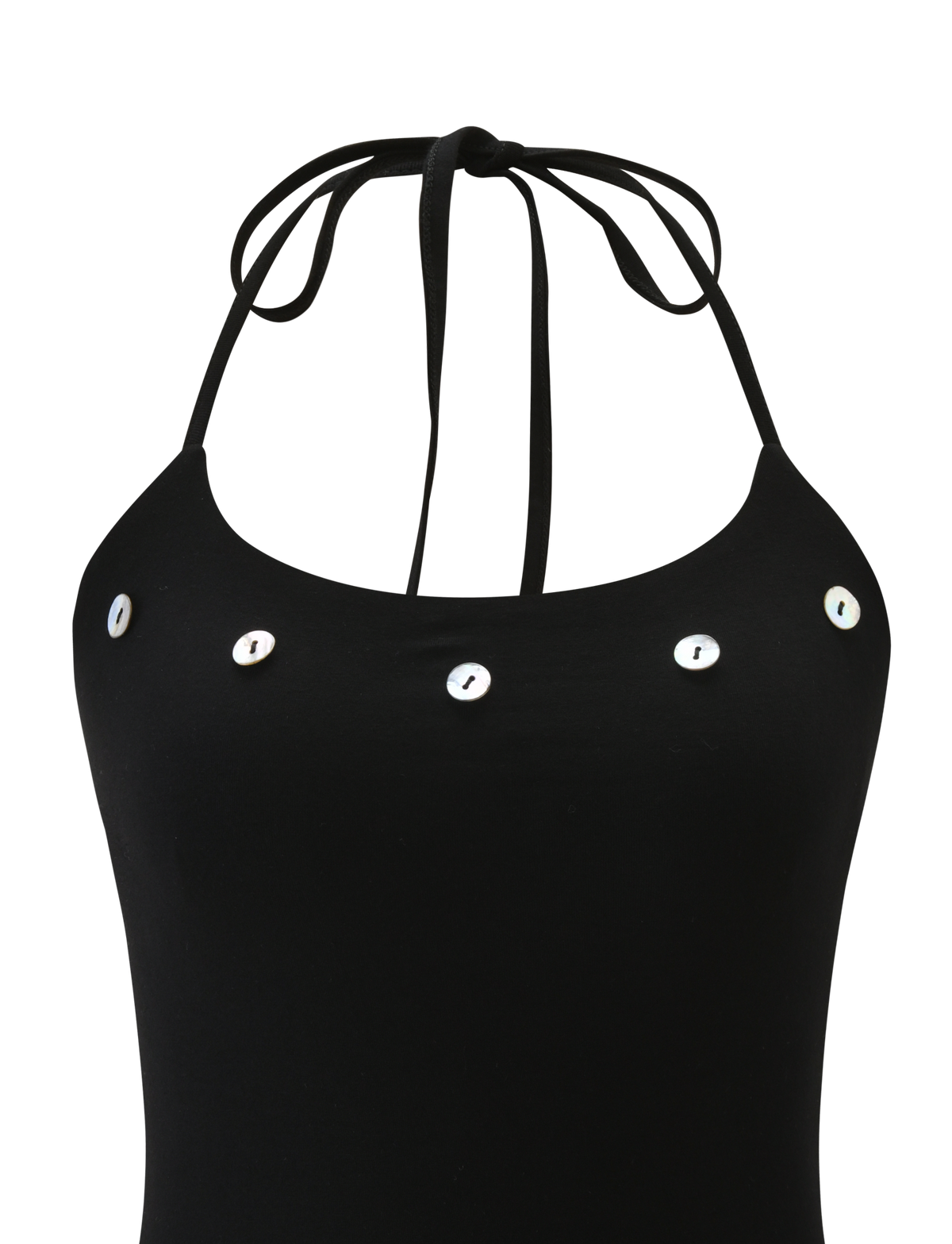 The TIGERMIST PIPPA TOP - BLACK is a halter-neck top with thin neck ties and five round, iridescent buttons on the upper chest.