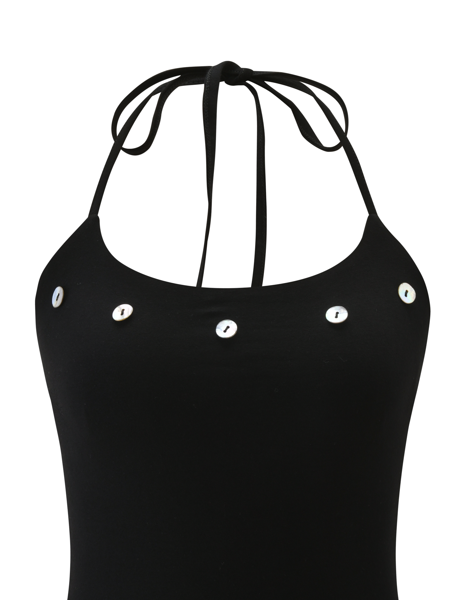 The TIGERMIST PIPPA TOP - BLACK is a halter-neck top with thin neck ties and five round, iridescent buttons on the upper chest.