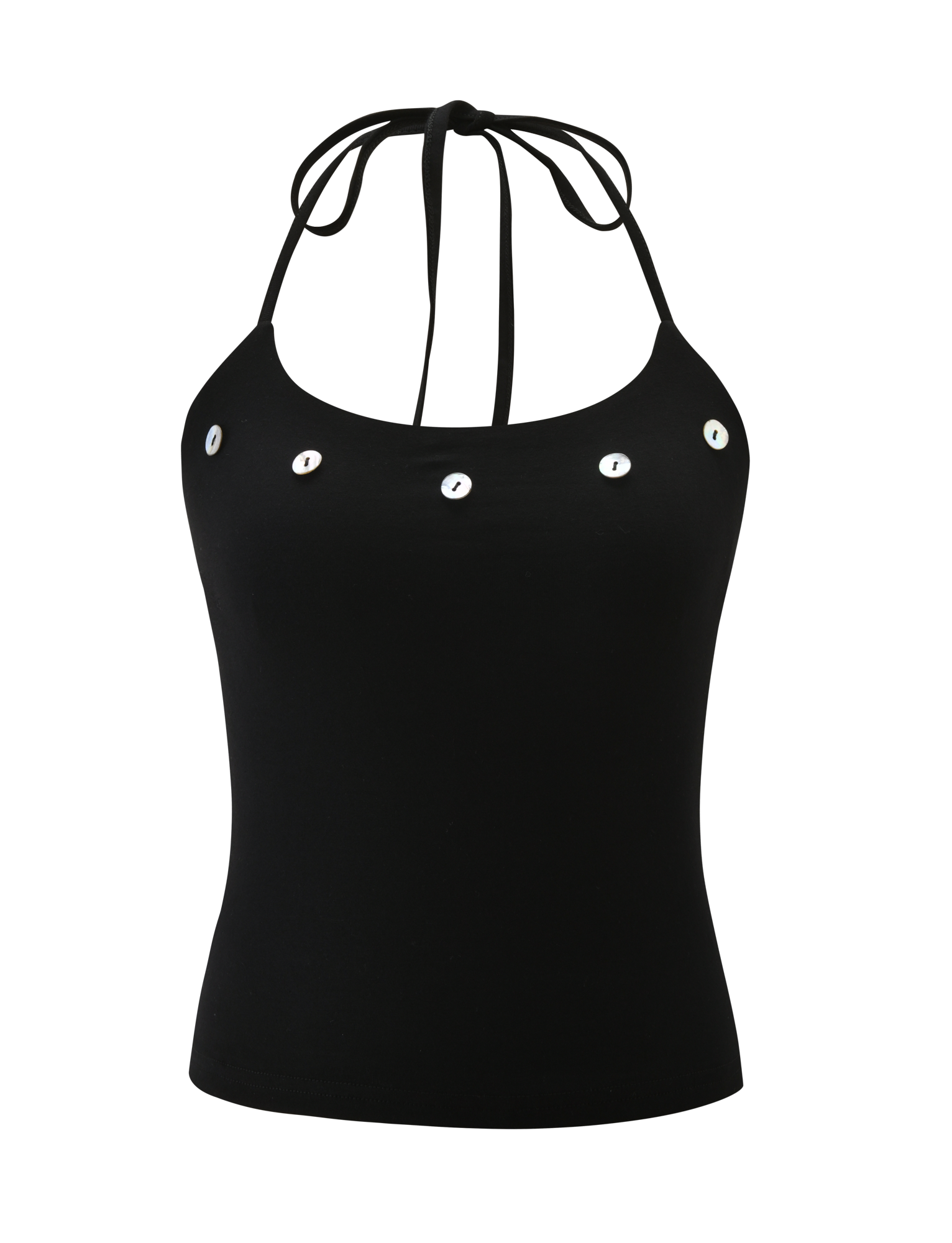 The PIPPA TOP - BLACK by TIGERMIST is a halter neck tank with thin tie straps, a scoop neckline, and five silver button accents across the chest.