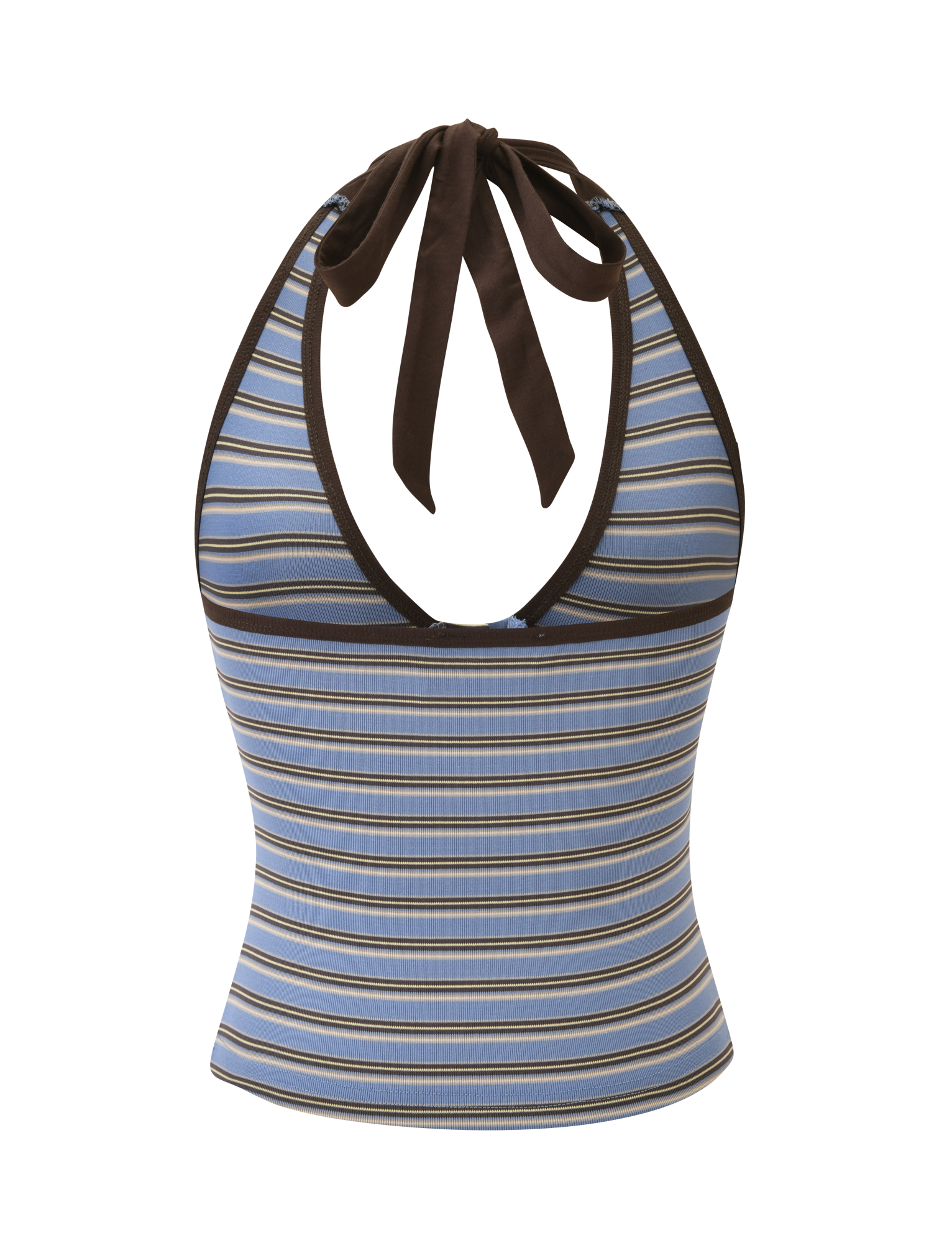 The TIGERMIST EMERSYN TOP - MULTISTRIPE is a sleeveless, form-fitting halter tank with a deep V neckline, brown tie at the neck, and brown, blue, and white horizontal stripes, shown on a plain white background.