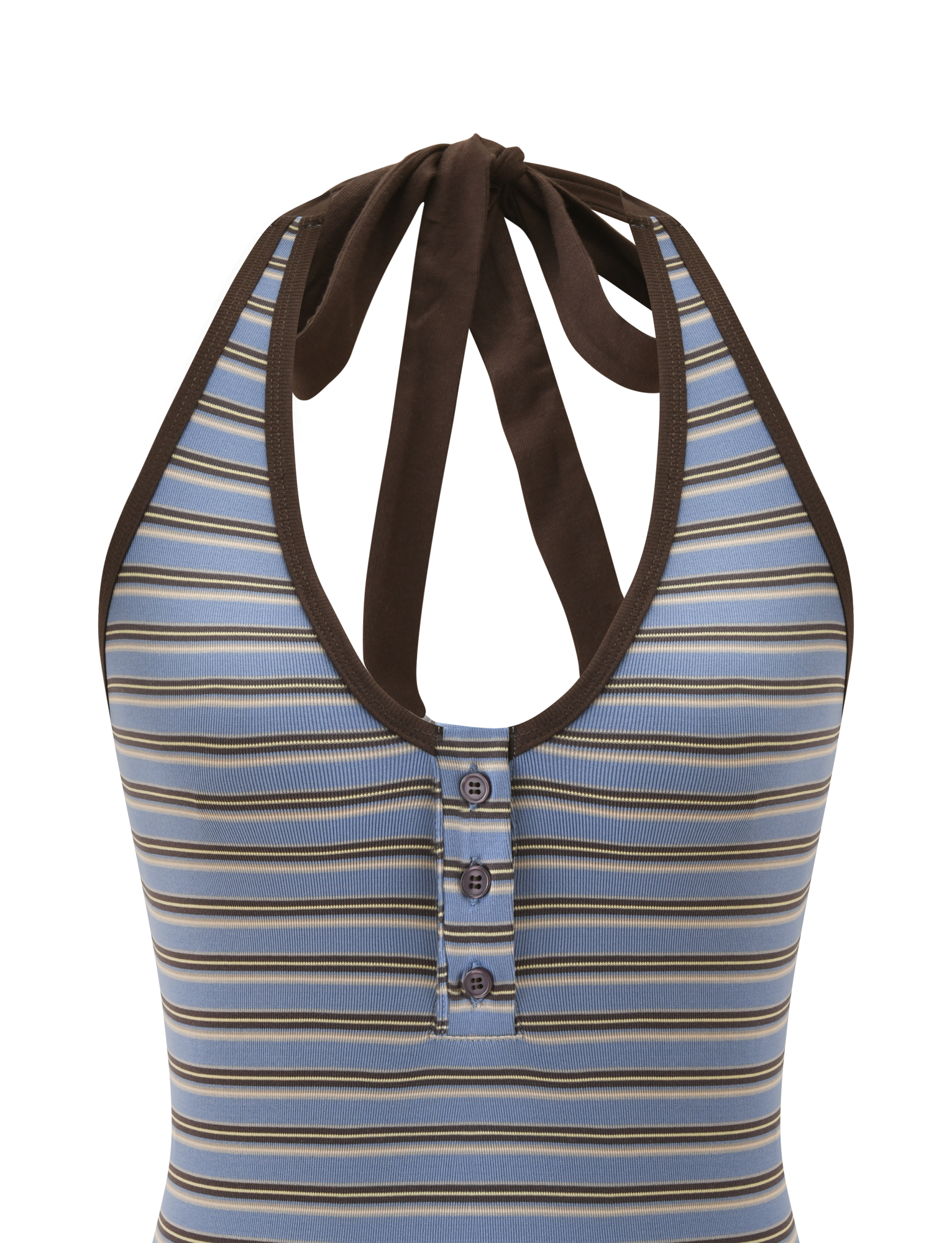 A close-up of the EMERSYN TOP - MULTISTRIPE by TIGERMIST, featuring blue, brown, and white stripes, brown edging, a deep V neckline with three front buttons, and a brown halter tie.