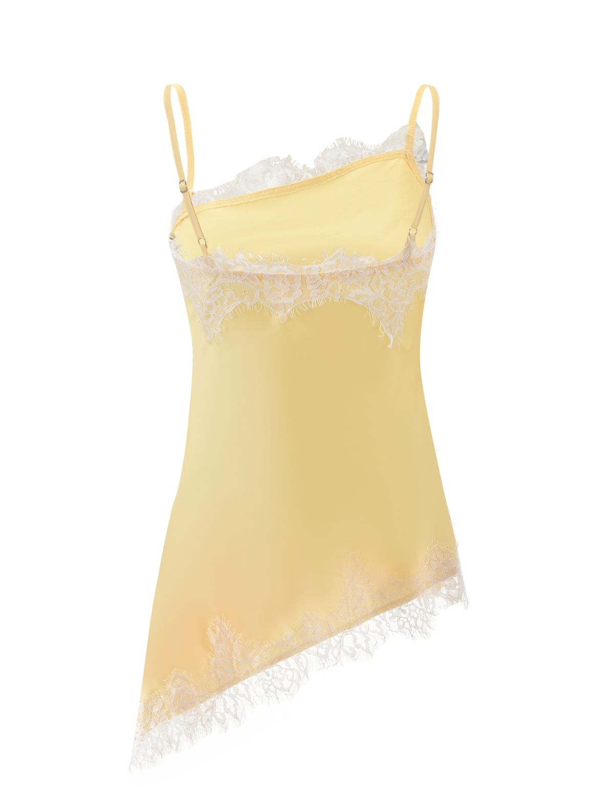 The SOLSTICE TOP by TIGERMIST is a yellow singlet with thin adjustable straps, delicate white lace trim on the top edge and hem, and an asymmetrical neckline for a modern look.
