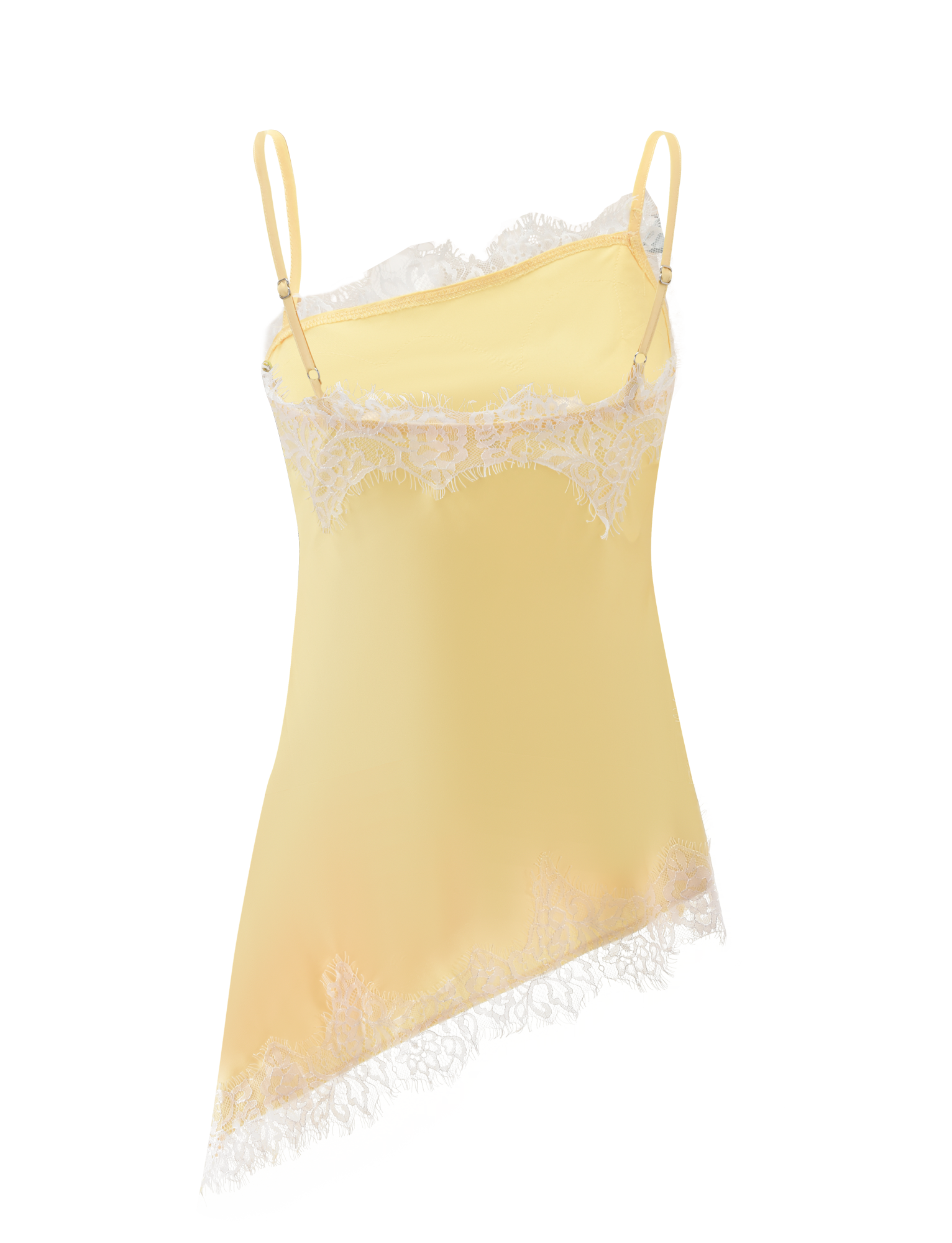 The SOLSTICE TOP by TIGERMIST is a yellow singlet with thin adjustable straps, delicate white lace trim on the top edge and hem, and an asymmetrical neckline for a modern look.
