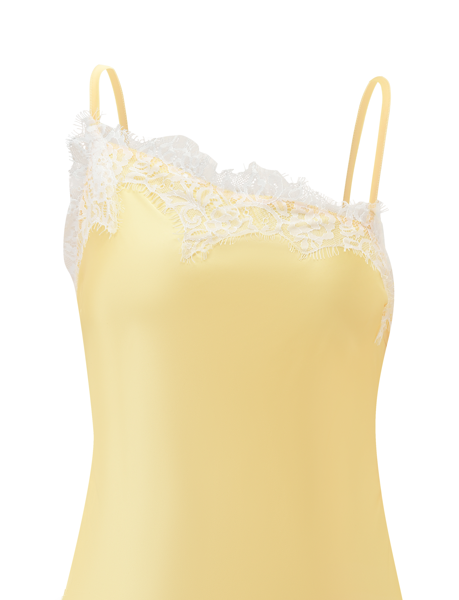 A close-up of the SOLSTICE TOP - YELLOW by TIGERMIST, featuring thin straps and delicate lace trim highlighting its asymmetrical neckline, set against a plain white background.