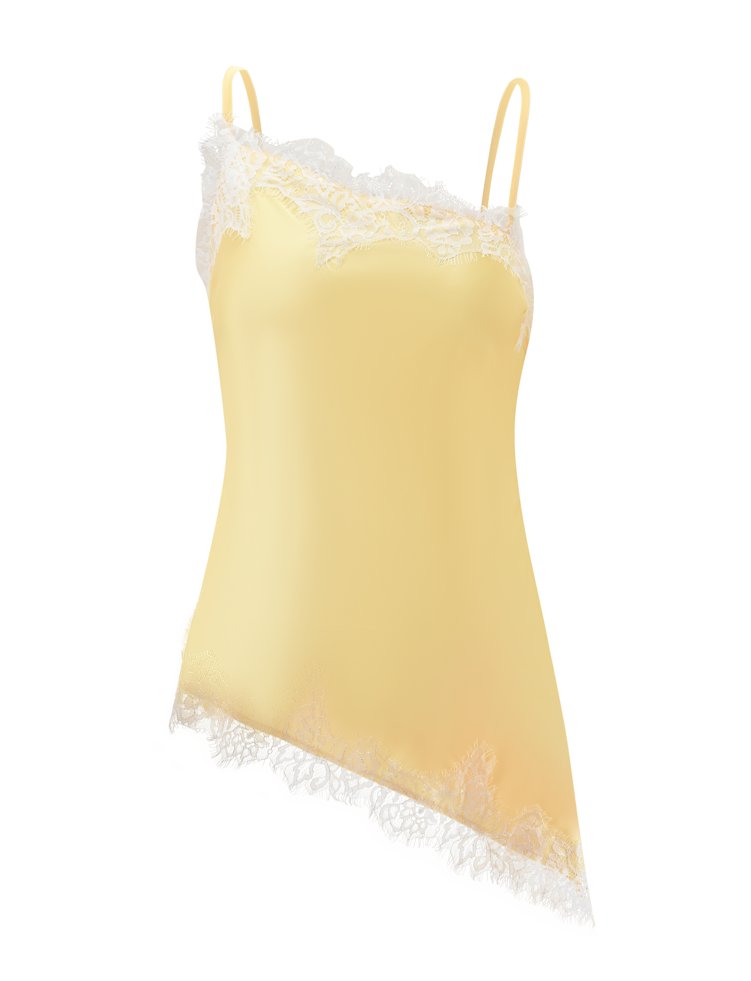 The SOLSTICE TOP - YELLOW by TIGERMIST is a yellow singlet with thin straps, white lace trim on the top edge and asymmetrical hem, shown on a white background.