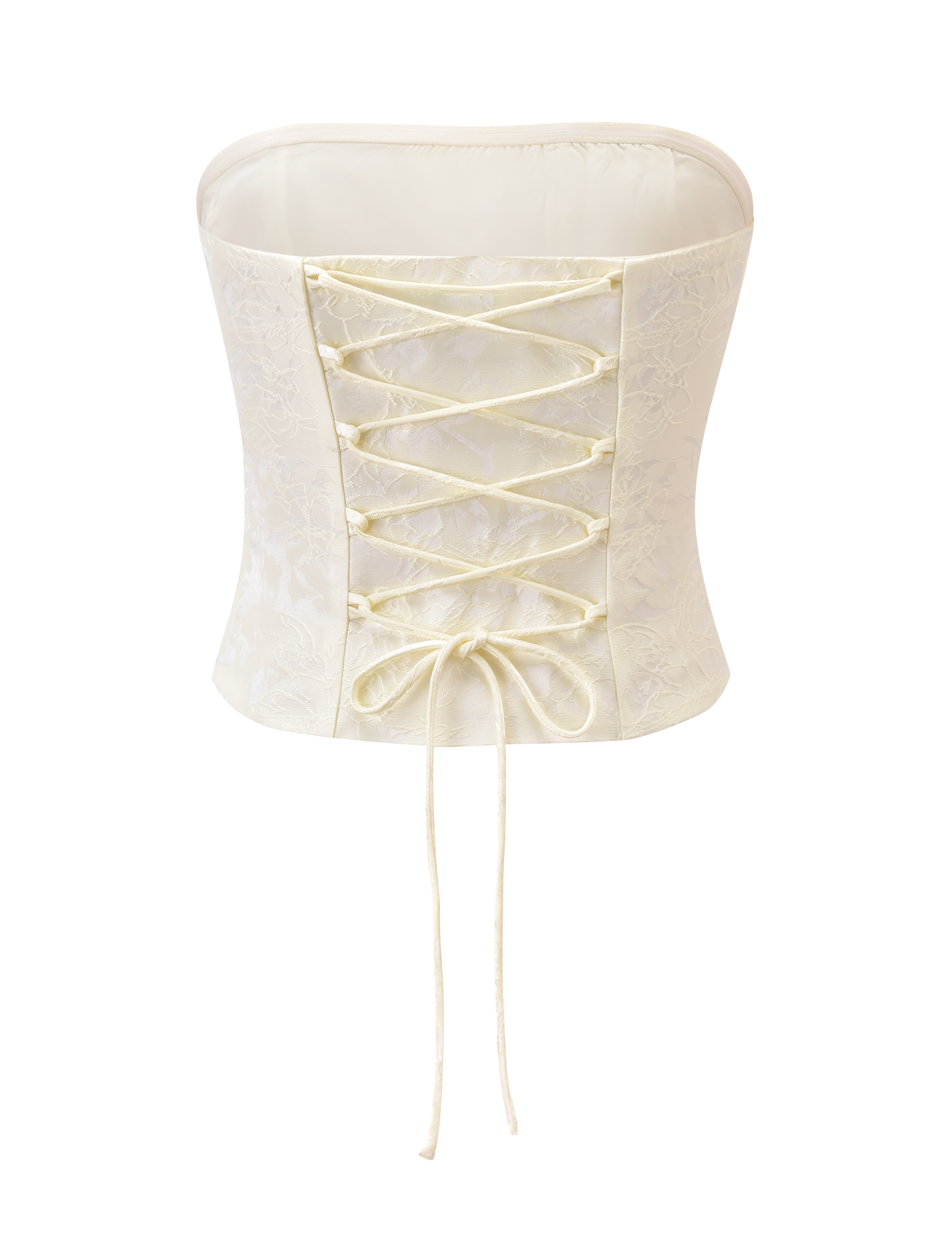 The LANIA CORSET TOP - CREAM by TIGERMIST features floral jacquard satin, a lace-up back, and tied bow detail, displayed on a plain white background.