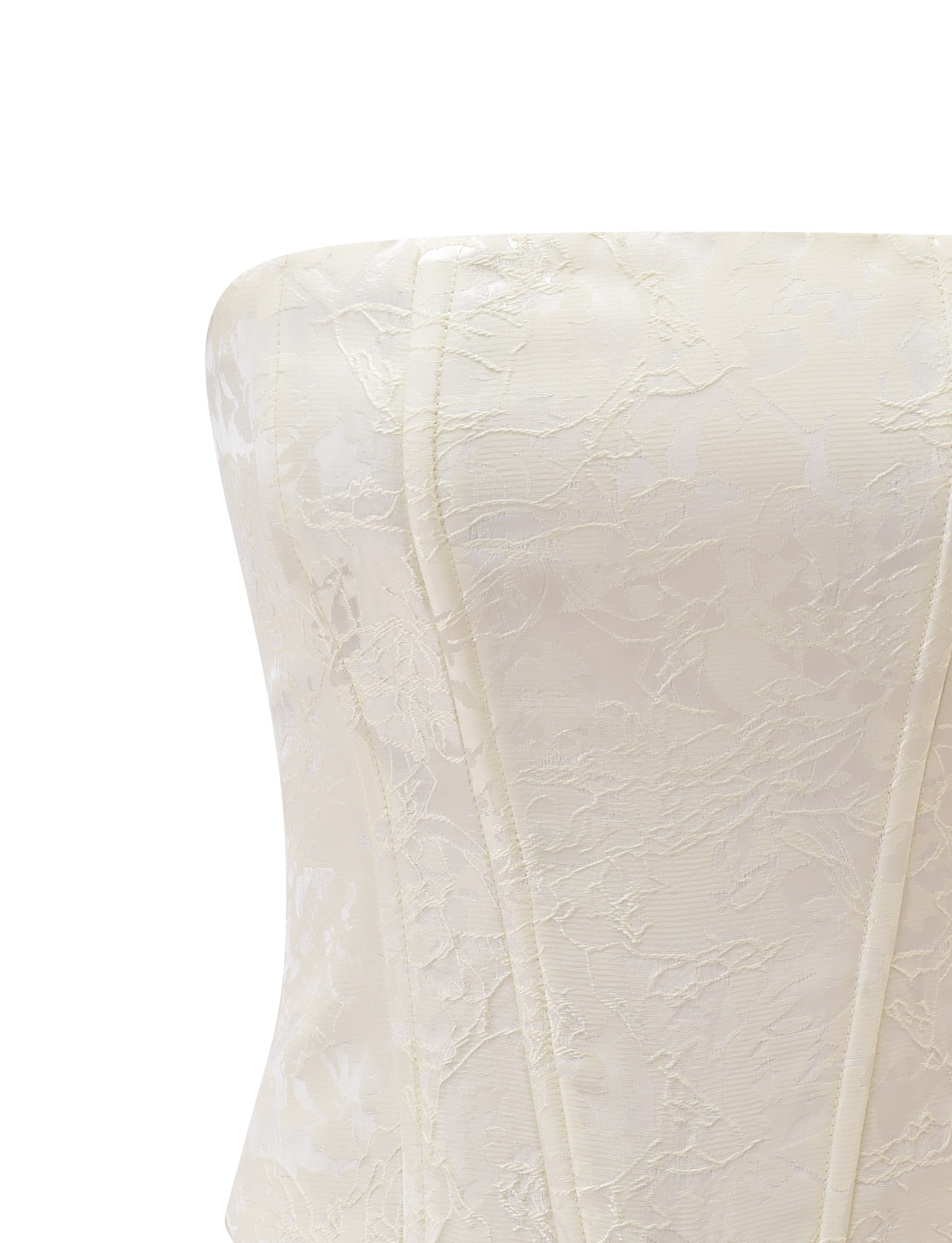 Close-up of the LANIA CORSET TOP in cream by TIGERMIST, featuring a strapless design with visible boning and refined floral jacquard satin fabric, set against a plain white background.
