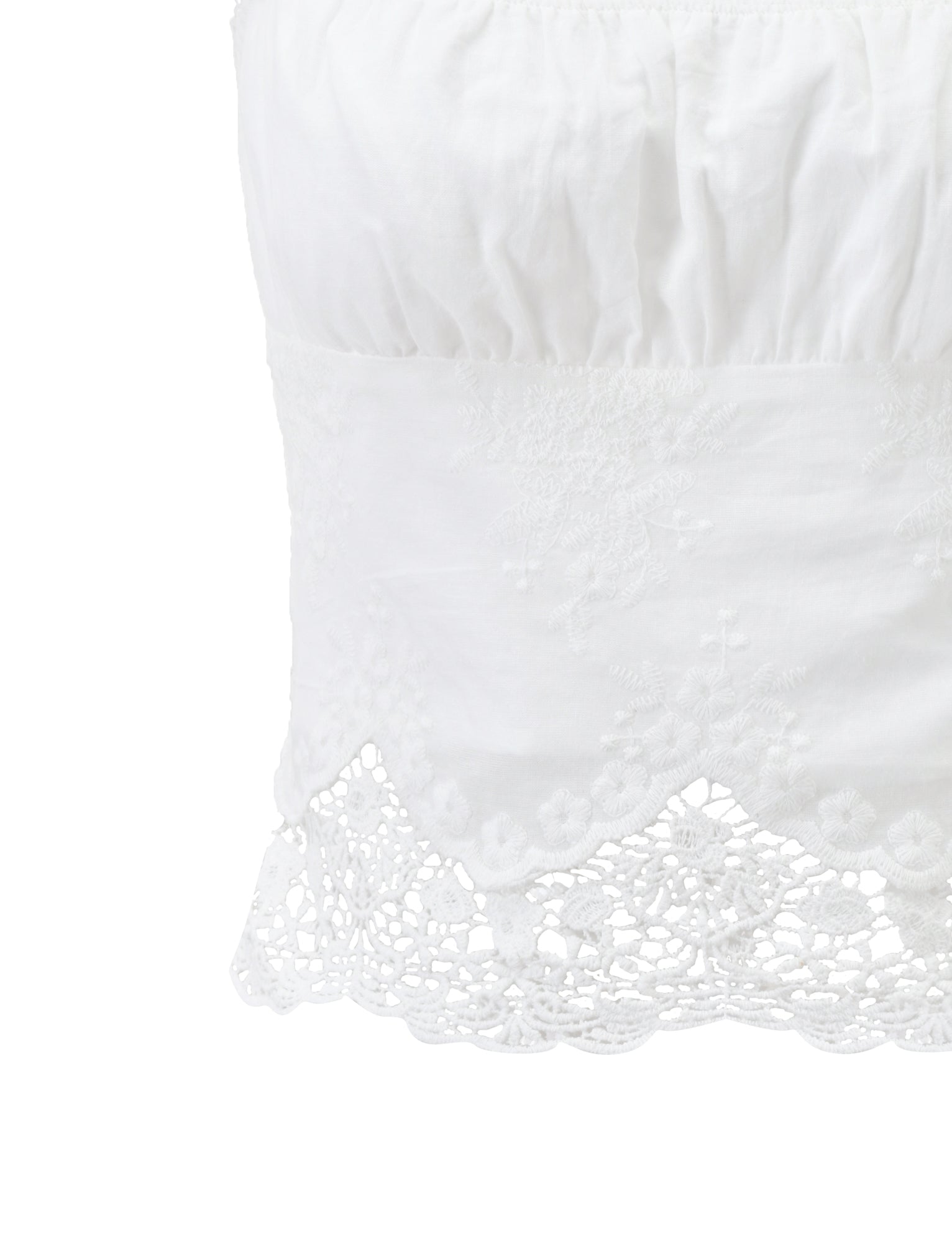 Close-up of the ELENAI TOP - WHITE by TIGERMIST, a white lace tank crafted from embroidered cotton eyelet with a floral pattern, scalloped trim, and ruched bust for added texture.