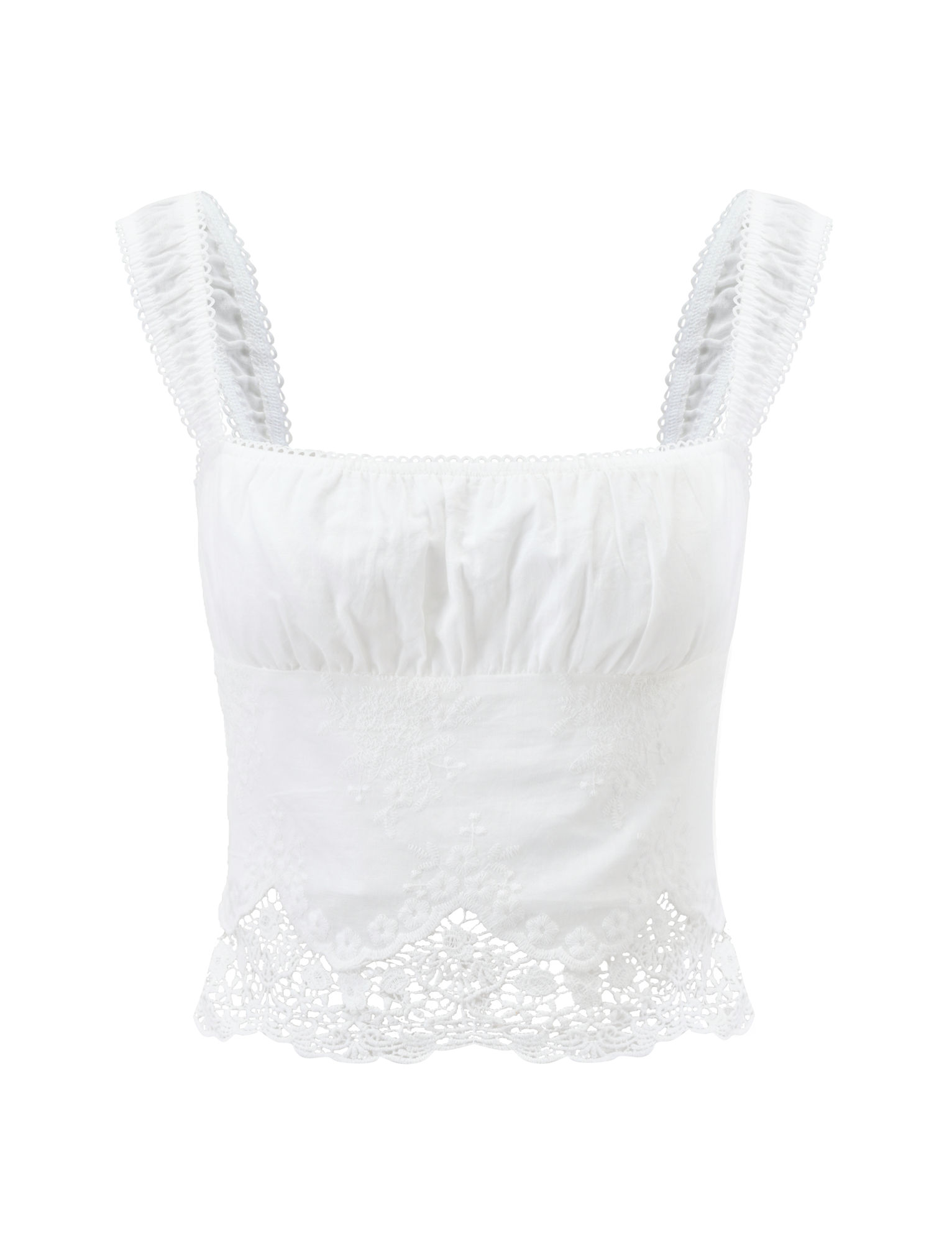 The ELENAI TOP - WHITE by TIGERMIST is a white lace tank with wide, ruched shoulder straps and embroidered cotton eyelet trim at the hem, shown on a plain white background.