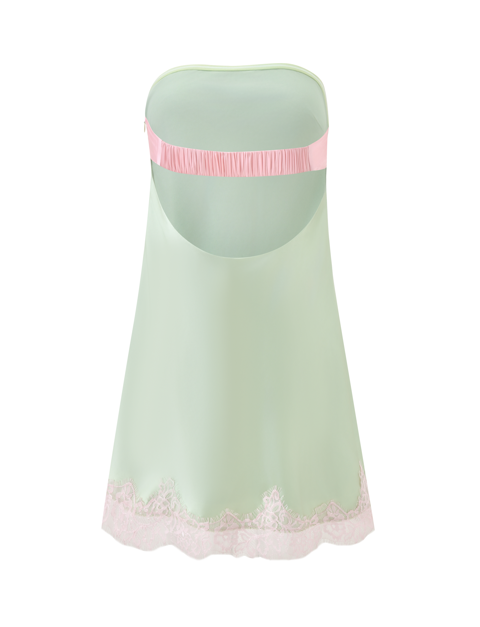The MILYANA MINI DRESS by TIGERMIST is a pale green satin, strapless dress with a sweetheart neckline, pink elastic band across the upper back, and a delicate pink lace hem.