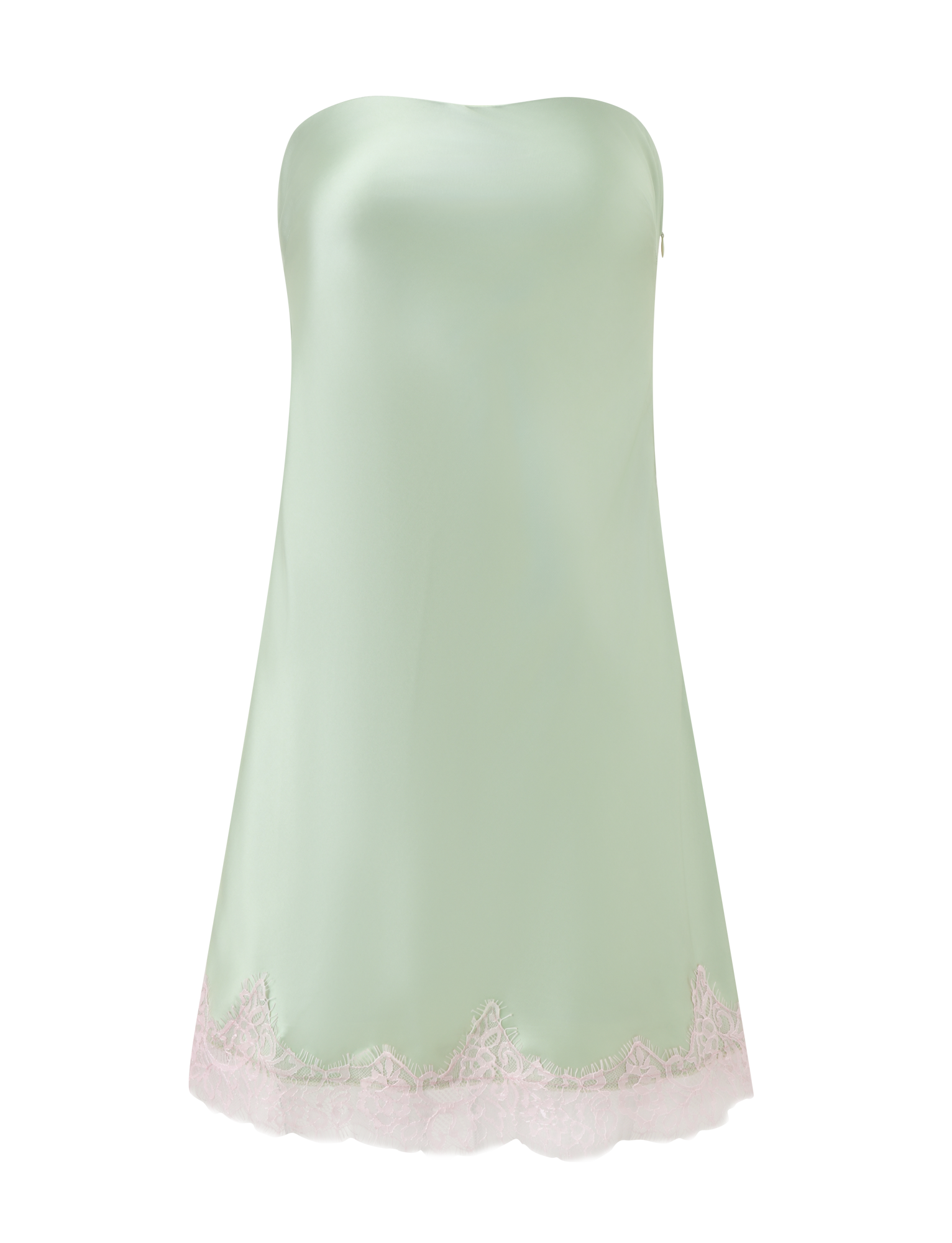 The MILYANA MINI DRESS by TIGERMIST is a strapless pistachio satin mini dress with a sweetheart neckline, light pink lace hem, and a sleek silhouette, shown on a plain white background.