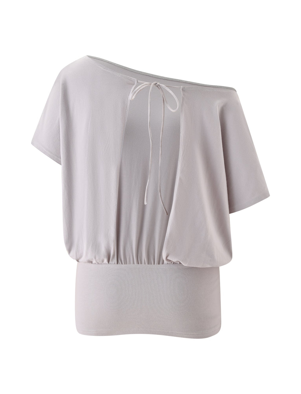 The DRELLA TOP in Dove Grey by TIGERMIST showcases a lightweight, short-sleeve design with a wide, subtly off-shoulder neckline and an elegant tie detail at the back. Crafted from soft fabric, it drapes into a relaxed blouson silhouette complemented by an elastic waistband for added shape.