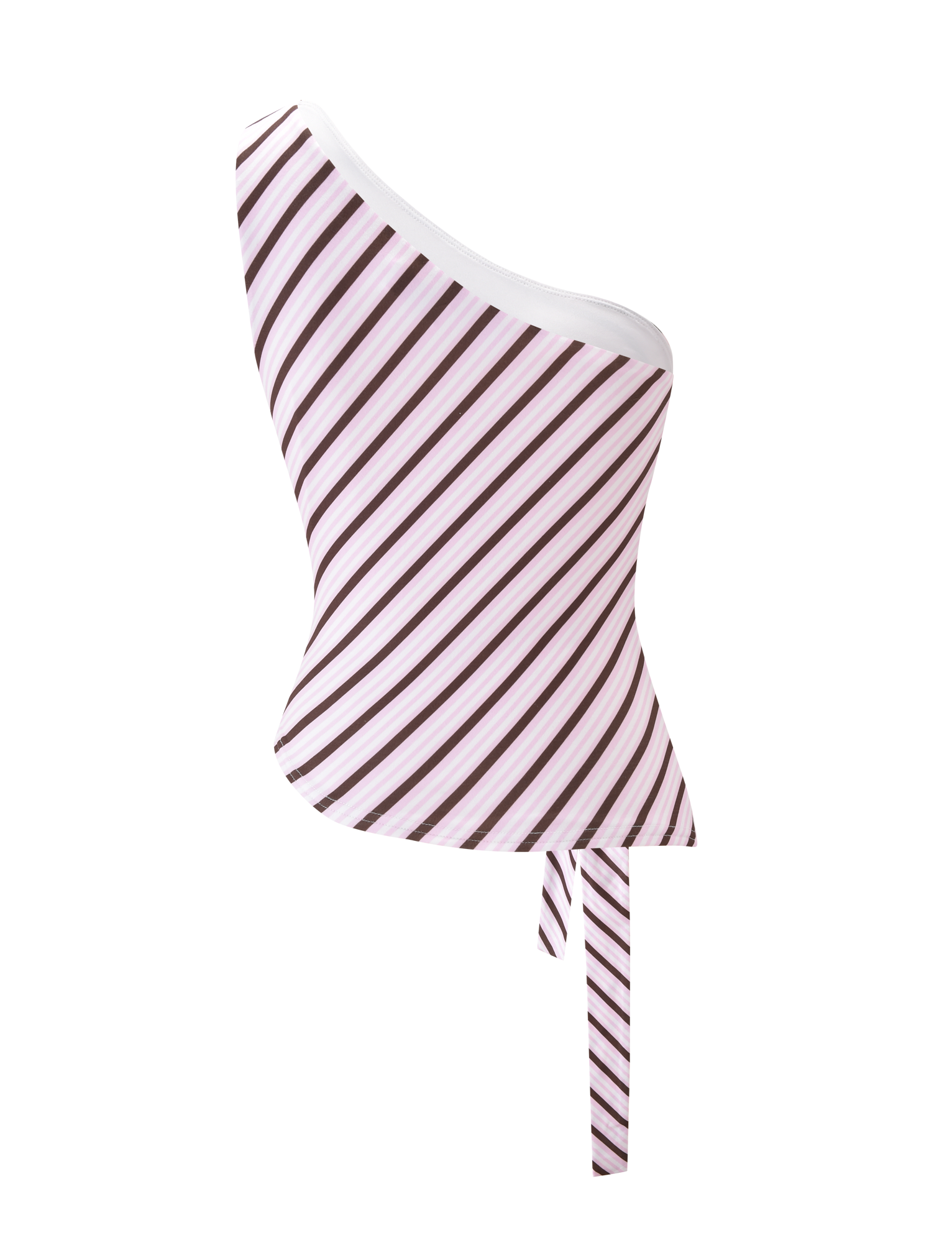 The LYLE ONE SHOULDER TOP by Tiger Mist USA features pink stripes, an asymmetric hem, and a tie detail at the bottom.
