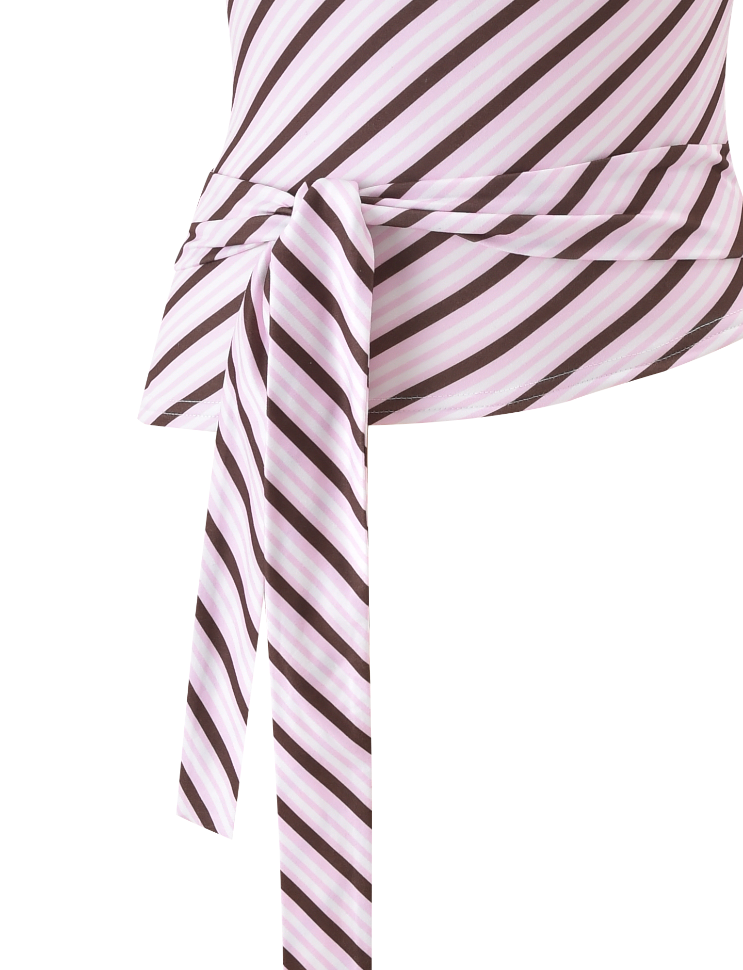 The LYLE ONE SHOULDER TOP - PINK STRIPE by Tiger Mist USA features a diagonal stripe print in white, pink, and dark brown. A waist knot creates a draped effect. Shown against a plain white background.