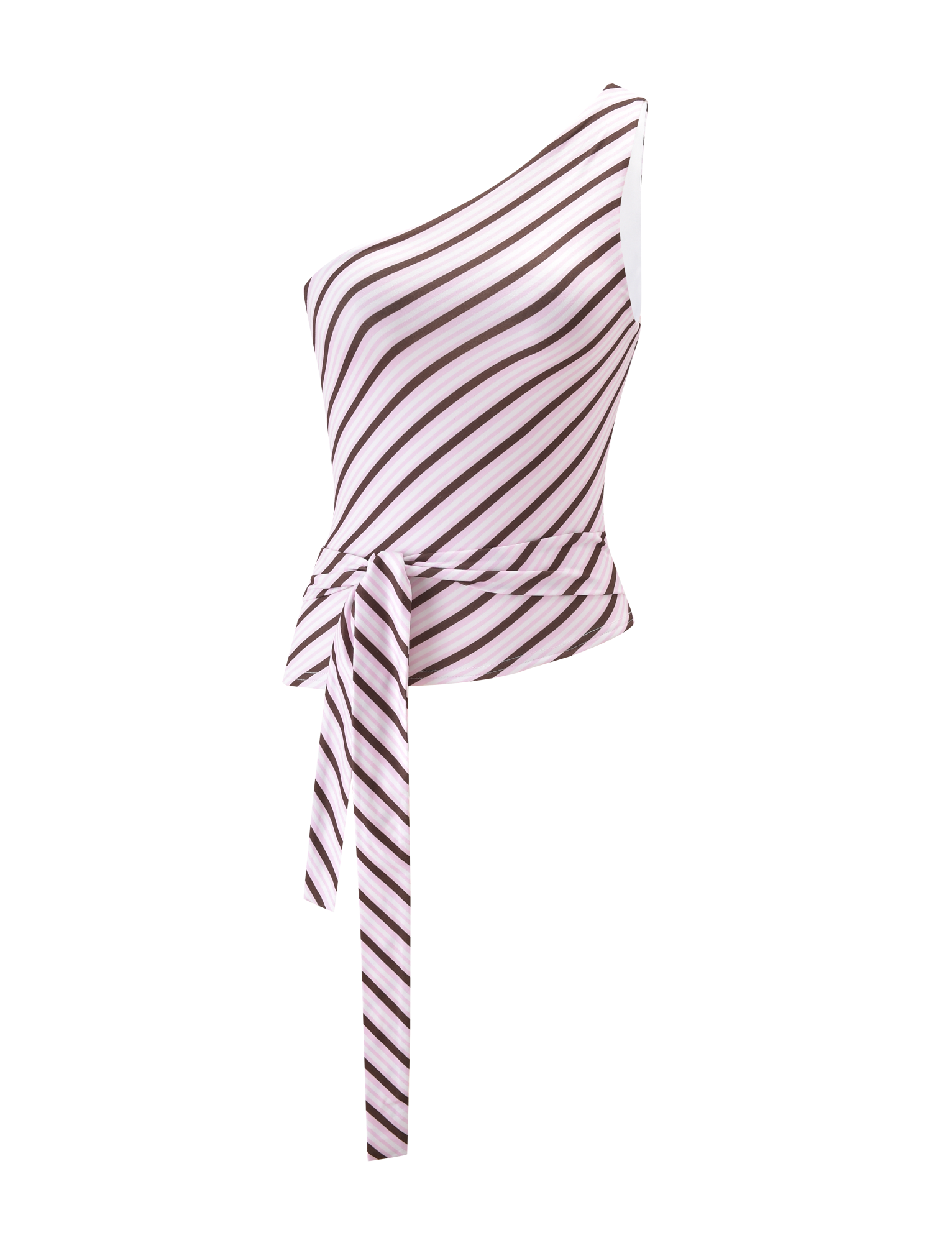 The LYLE ONE SHOULDER TOP by Tiger Mist USA features a sleeveless, fitted silhouette with bold pink stripes, a waist tie on the left, and a one-shoulder design. Displayed against a plain white background.