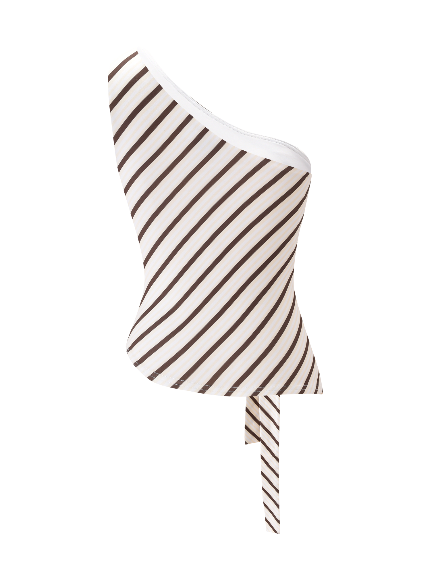 The TIGERMIST LYLE ONE SHOULDER TOP in yellow stripe showcases an asymmetrical, pointed hem and diagonal stripes. Displayed against a plain light gray background.
