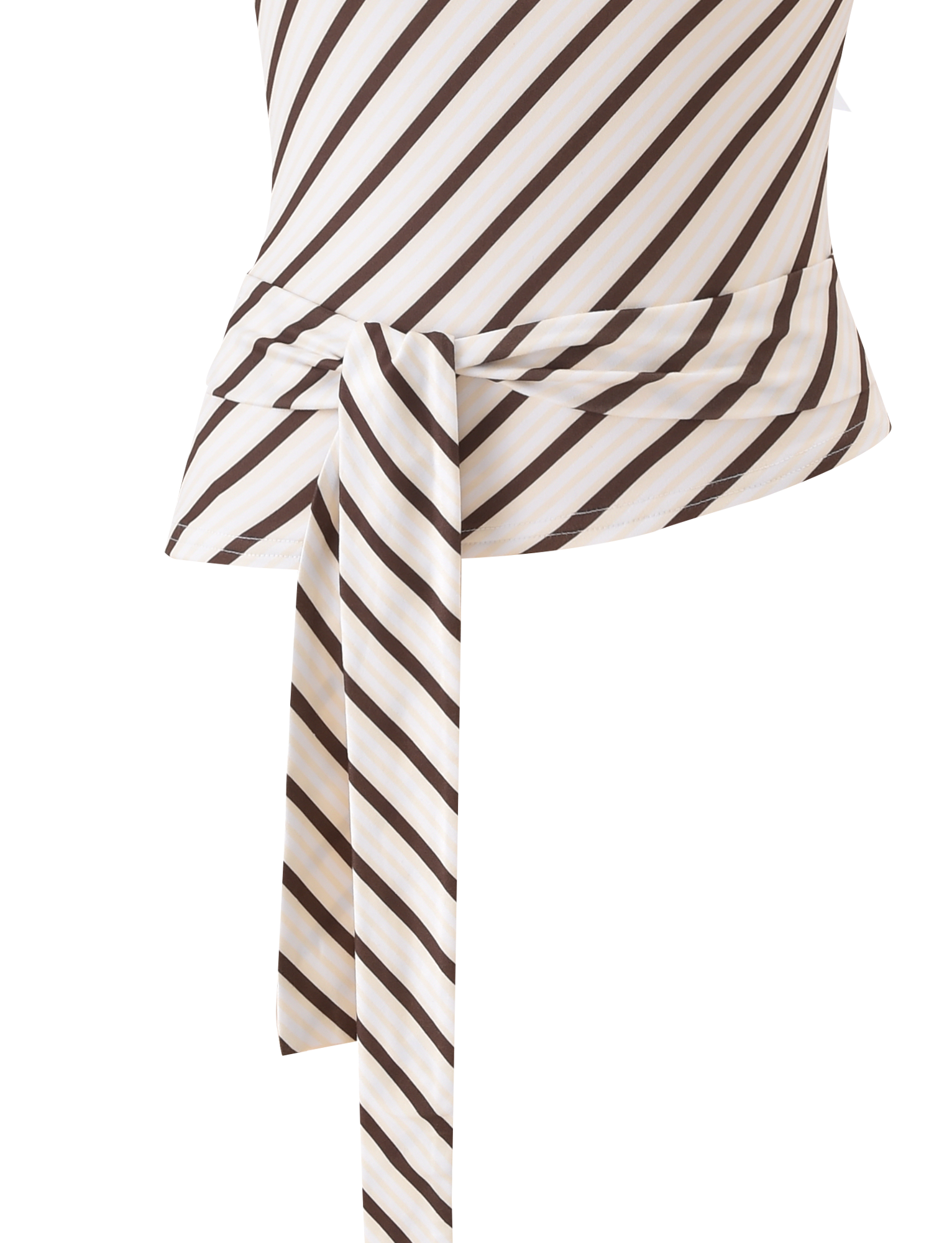 A close-up of the TIGERMIST LYLE ONE SHOULDER TOP in yellow stripes, featuring a front waistband tie, shown against a plain white background.