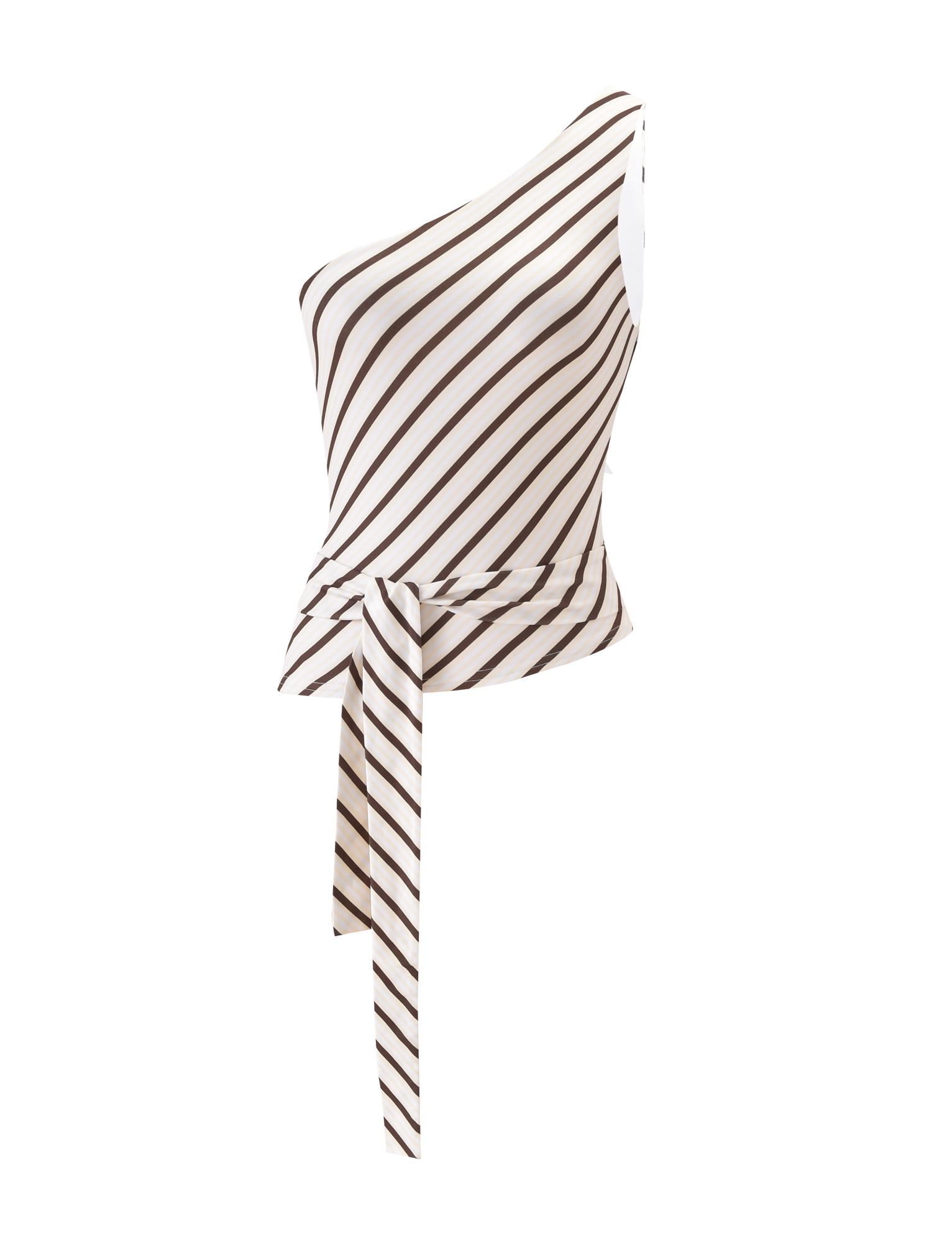 The TIGERMIST LYLE ONE SHOULDER TOP features yellow stripes, a chic one-shoulder cut, and a stylish front waistband tie in a sleeveless white design. Displayed on a plain white background.