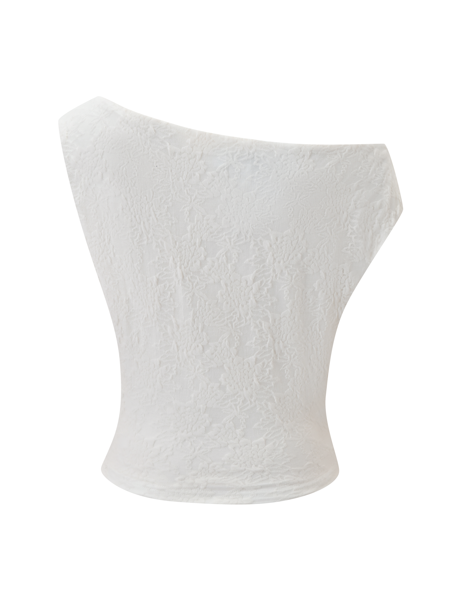 The MAVEN LACE TOP - IVORY by TIGERMIST is a white, sleeveless, one-shoulder textured crop top with a subtle floral pattern, shown against a plain white background.
