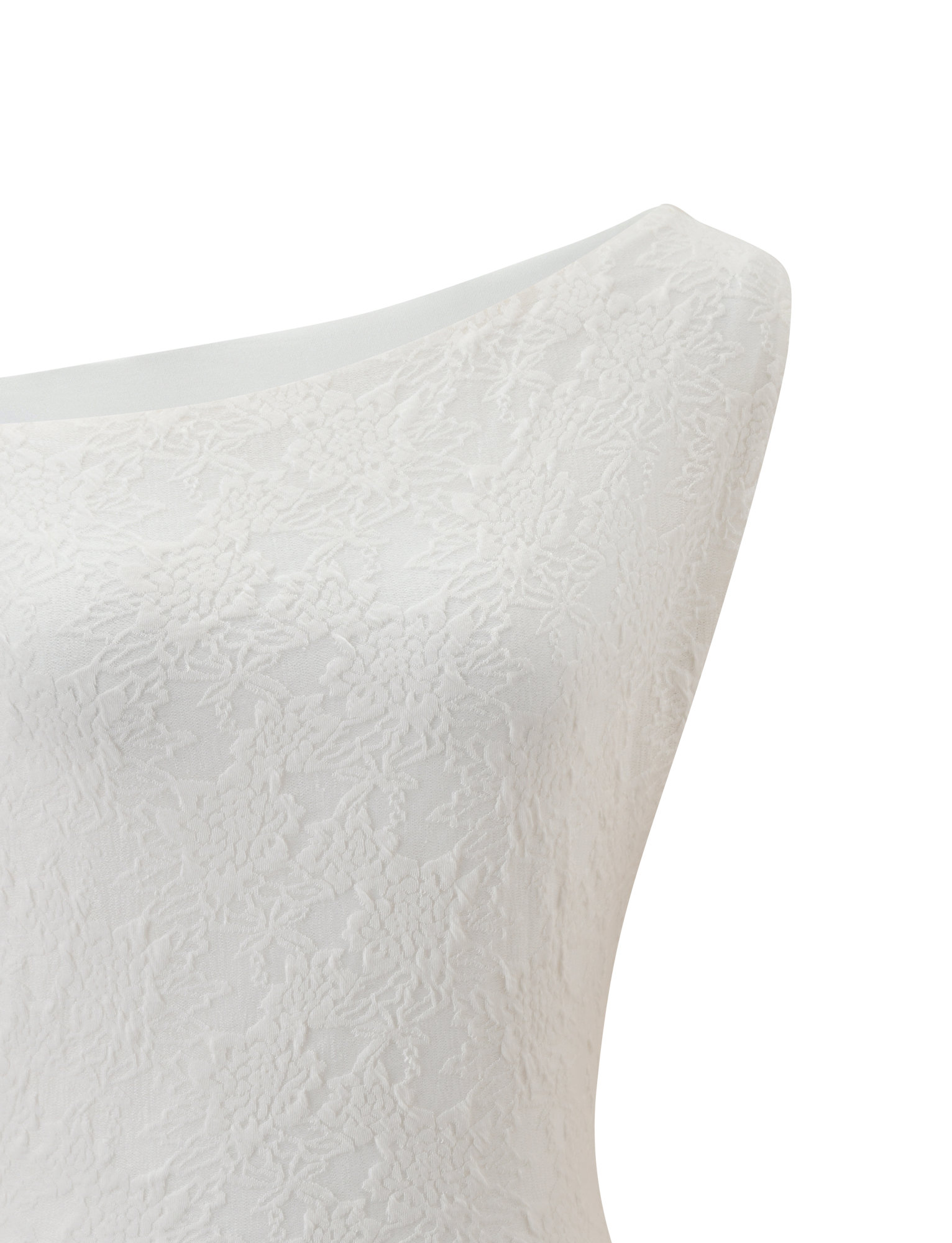 Close-up of the TIGERMIST MAVEN LACE TOP in ivory, featuring a subtle floral texture, displayed on a mannequin against a plain white background.