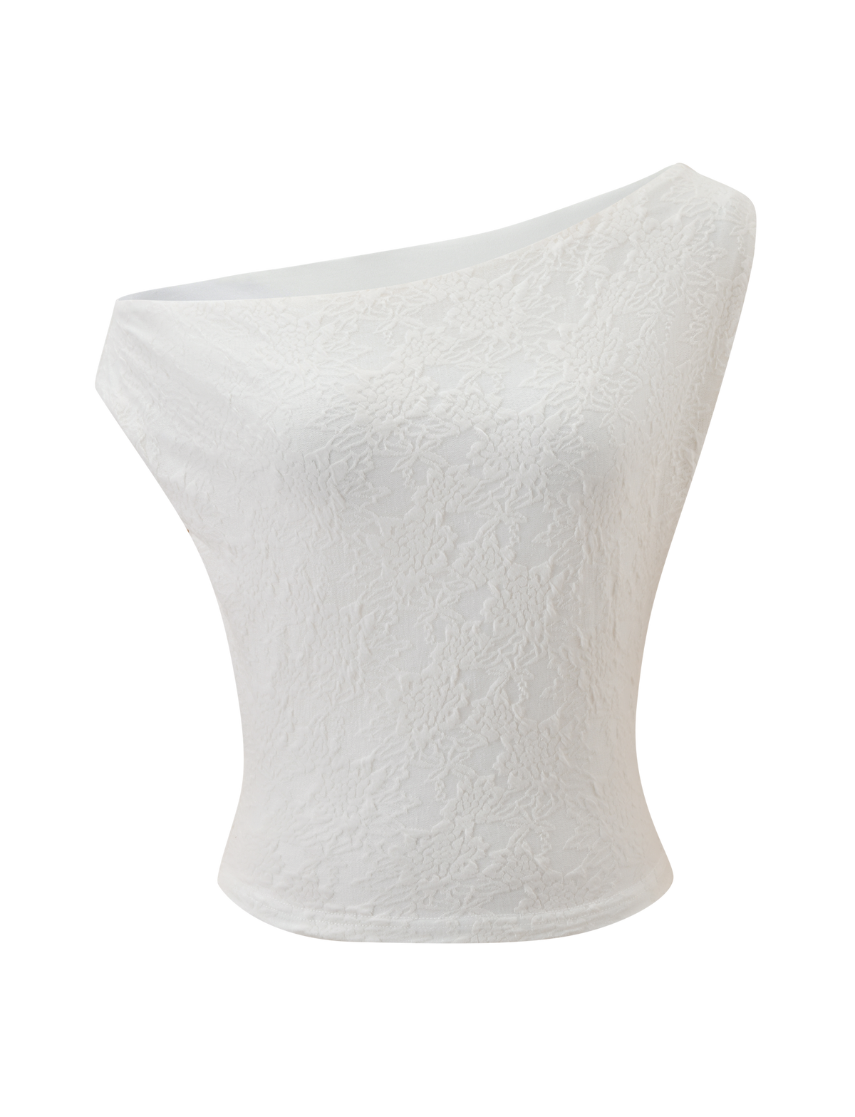 The MAVEN LACE TOP - IVORY by TIGERMIST is a white, sleeveless lace top with a form-fitting silhouette and cropped hemline, showcased against a plain background.