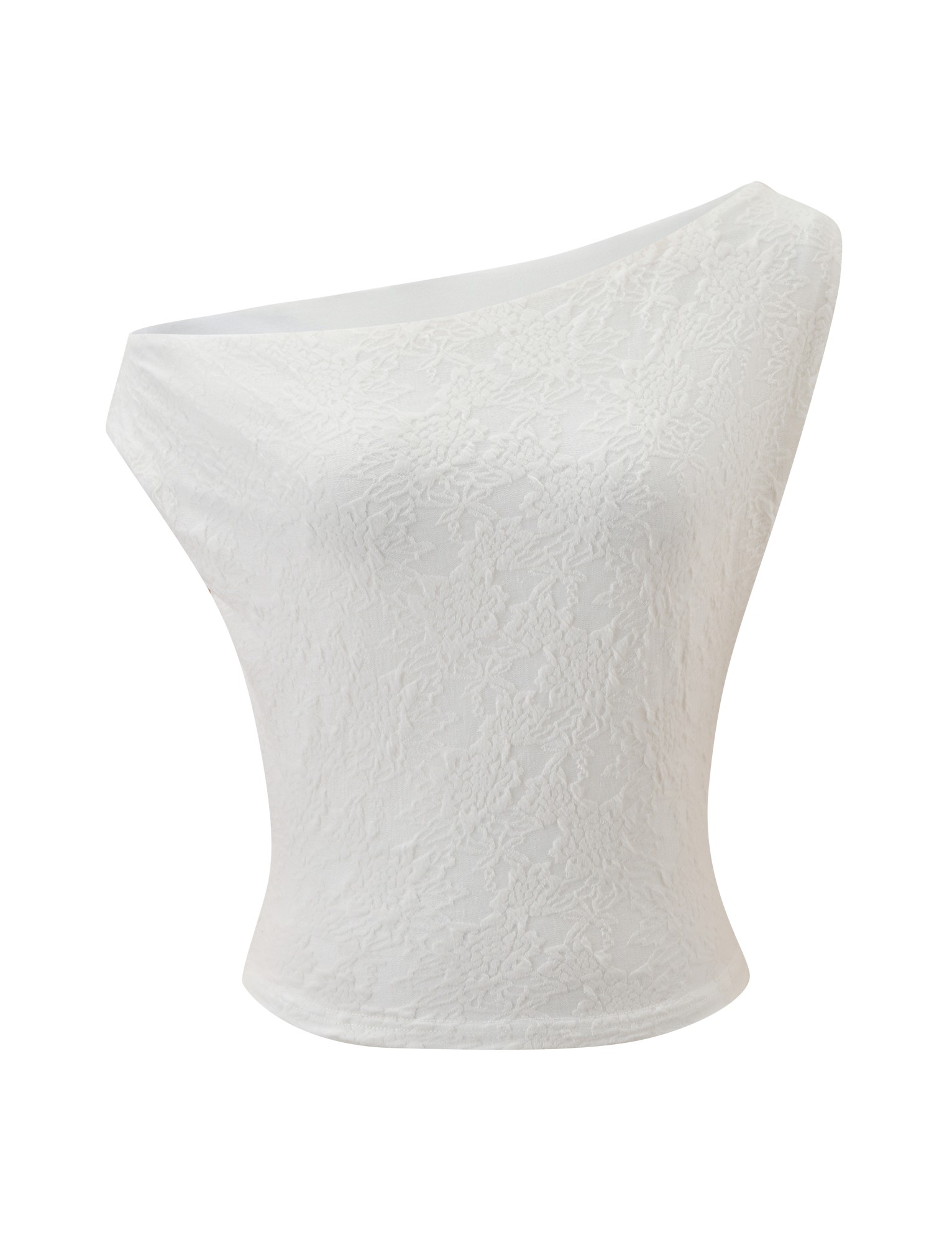 The MAVEN LACE TOP - IVORY by TIGERMIST is a white, sleeveless lace top with a form-fitting silhouette and cropped hemline, showcased against a plain background.
