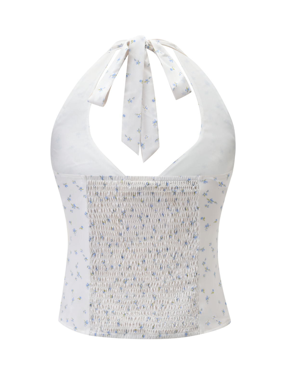 The CALI TOP - DITSY FLORAL by TIGERMIST is a white, fitted halter neck top with a blue ditsy floral print, tie neck, smocked front panel, lightweight fabric, and flattering ruched bust detailing.