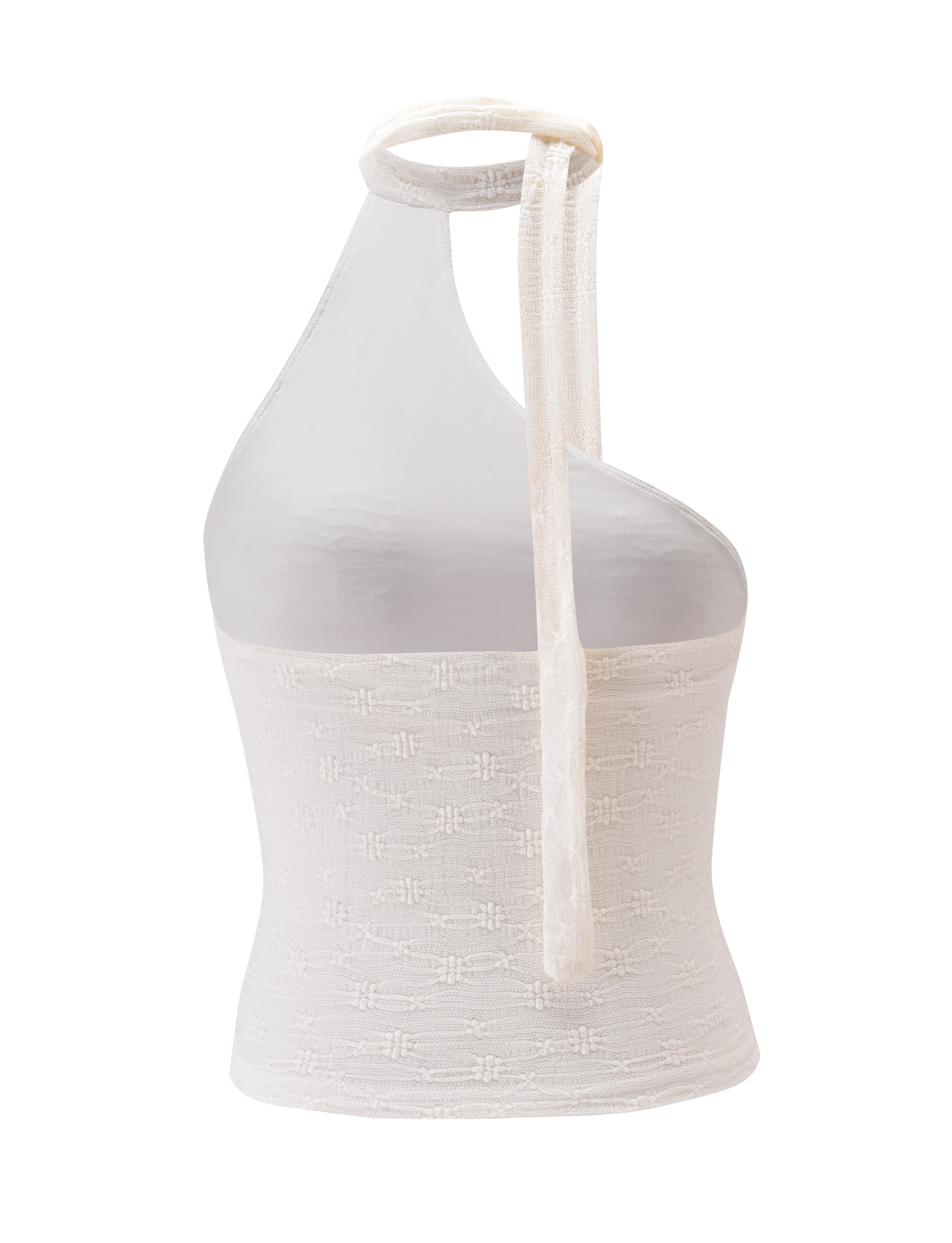 The MYLAH ONE SHOULDER TOP - IVORY by TIGERMIST is a sleeveless lace knit with textured detail, featuring a single tie strap at the neck. Its back view showcases an asymmetrical neckline and subtle woven accents.