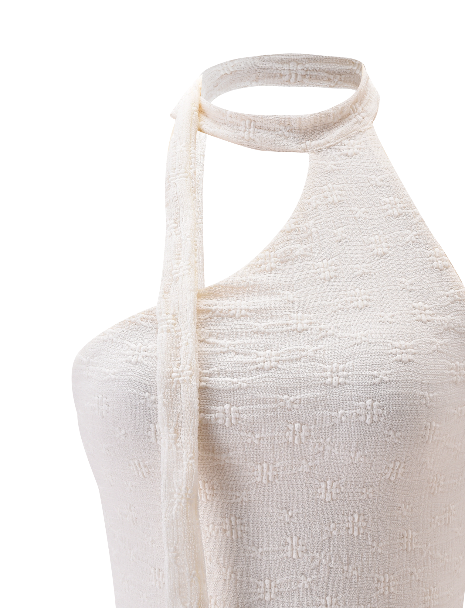 Close-up of the TIGERMIST MYLAH ONE SHOULDER TOP in ivory, showcasing its lace knit fabric, asymmetrical one-shoulder cut, and a long, slim strap that wraps stylishly around the neck like a choker.